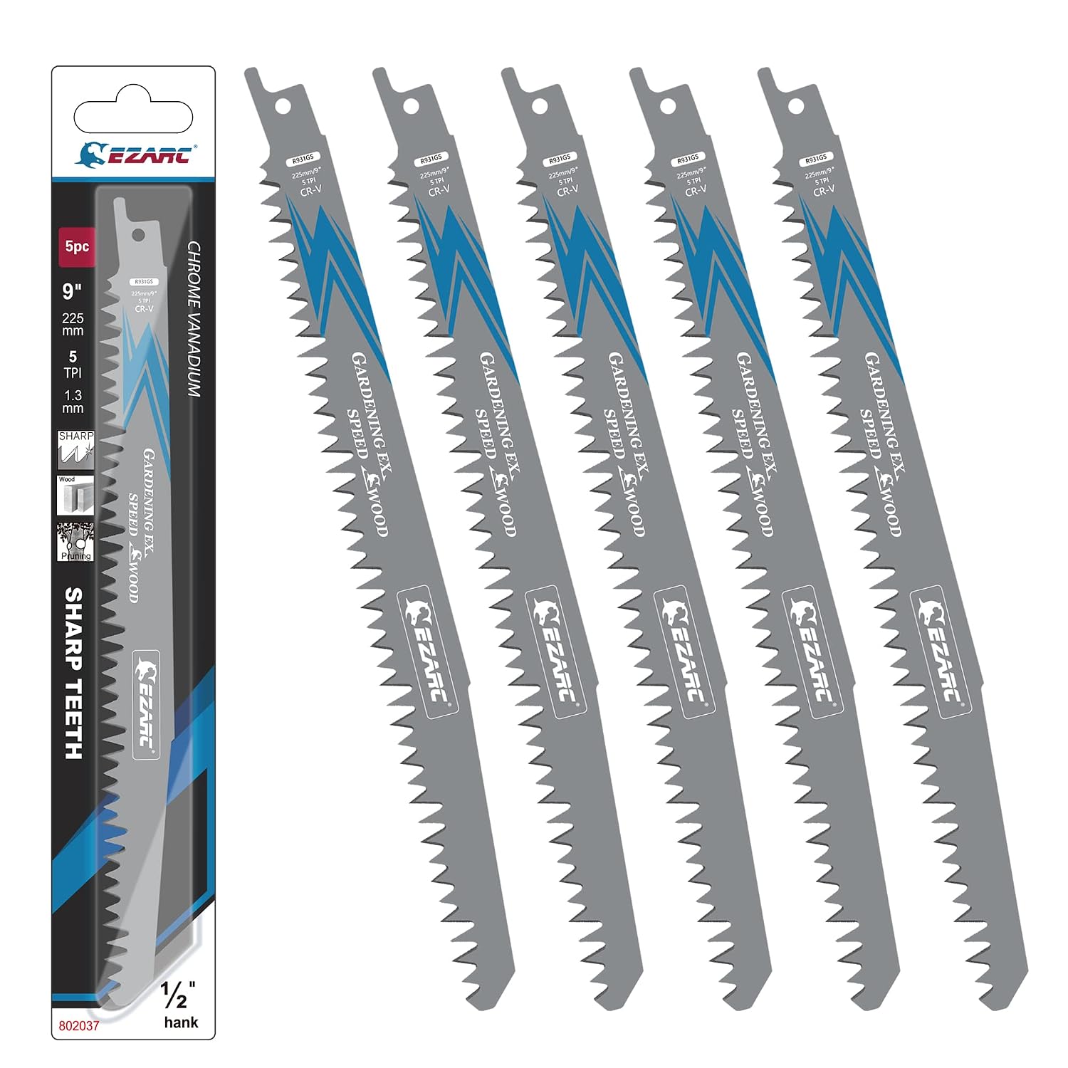 Detalle de EZARC Säbelsägeblätter-Set R931GS (5-teilig) für Holz, 225 mm, 5 TPI – Zubehör für schnelle Schnitte