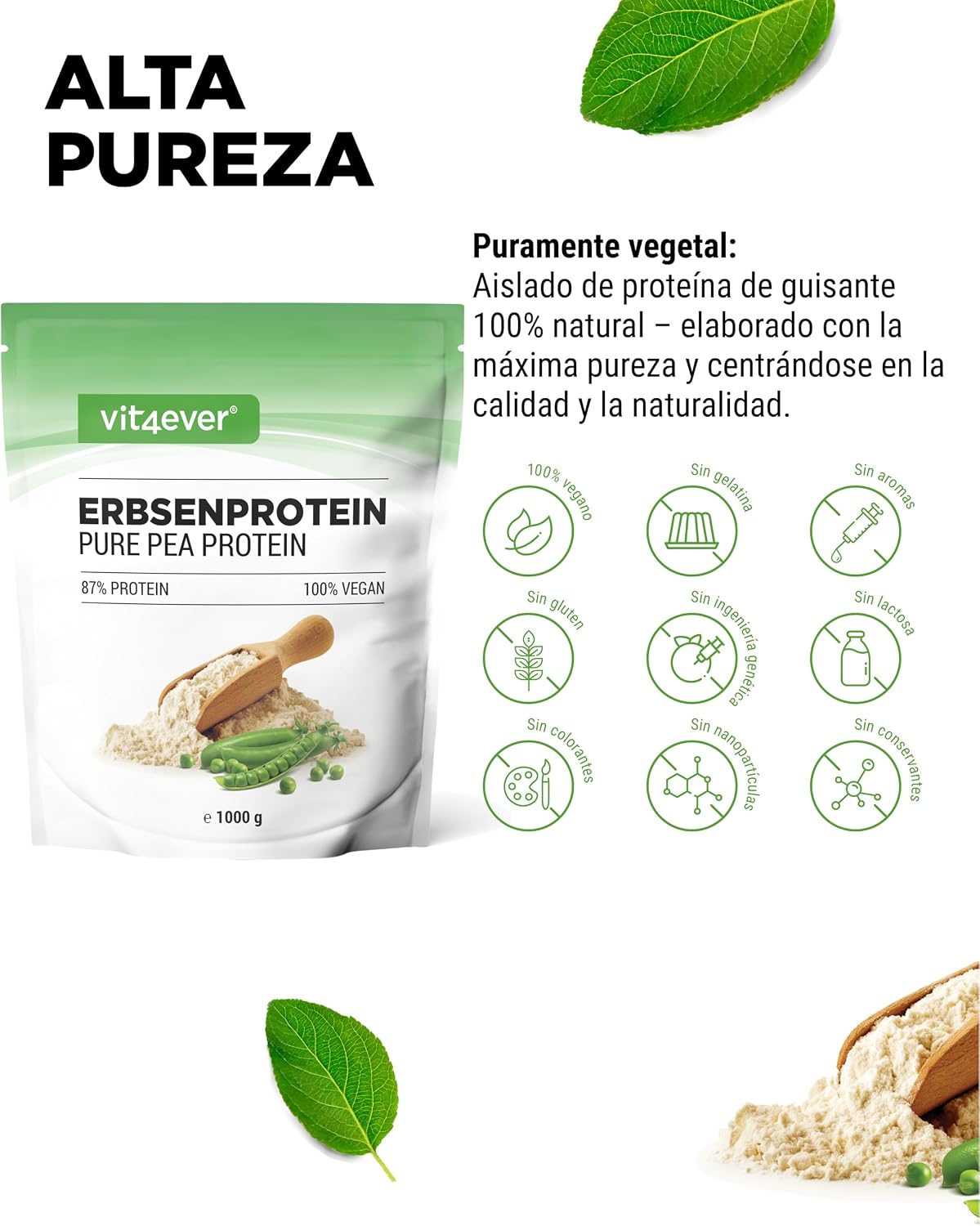 Thumbnail 3 de Vit4ever Pea Protein: aislado de proteína de guisante en polvo 1000 g (87%) sin gluten ni lactosa