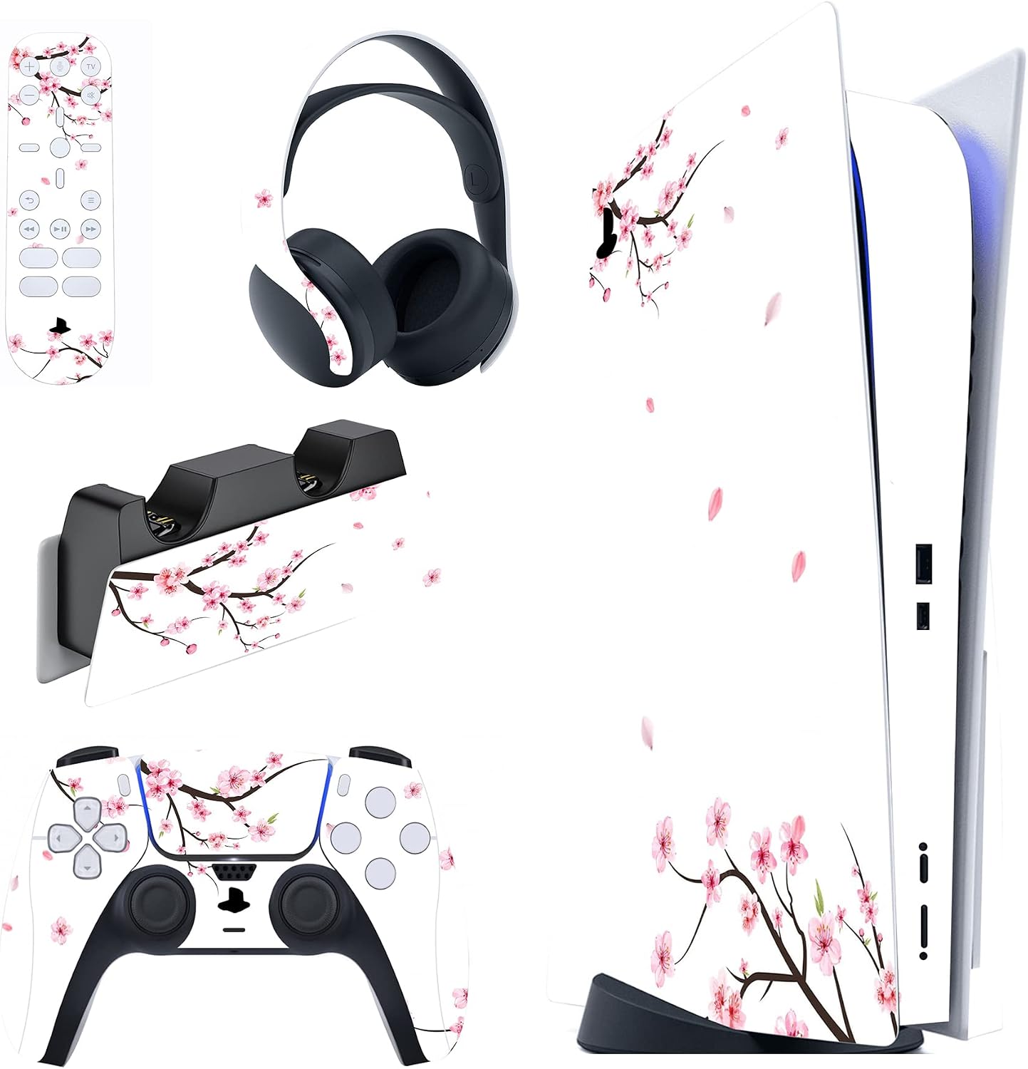 Detalle de playvital Full Set Skin Decal for PS5 — Falling Cherry Blossom
