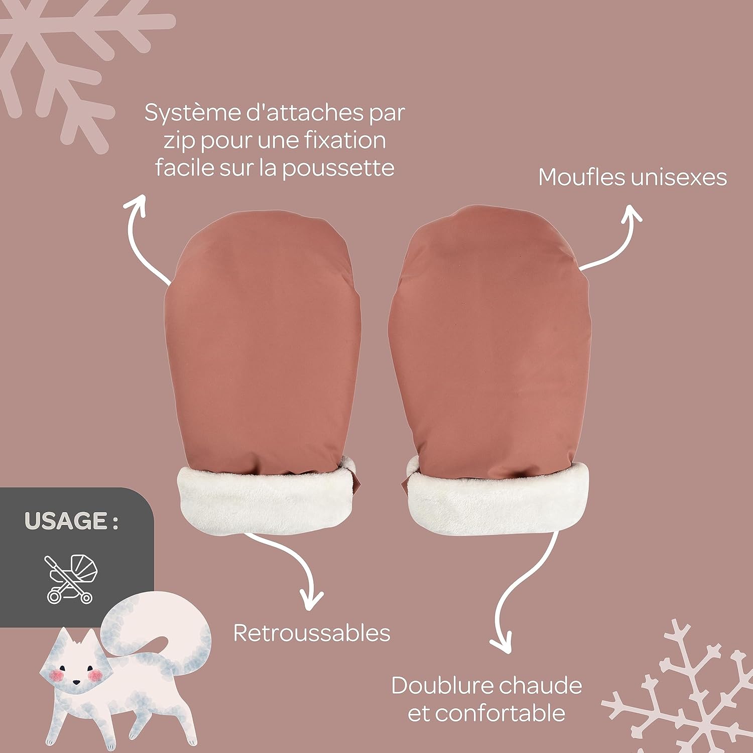 Thumbnail 2 de Moufles Poussette Béaba – Protection pluie/neige doublées polaire, zip d’attache, terracotta