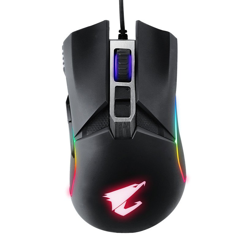 Detalle de Gigabyte Aorus M5: ratón gaming con sensor de 16000 DPI y ajuste de peso para competición