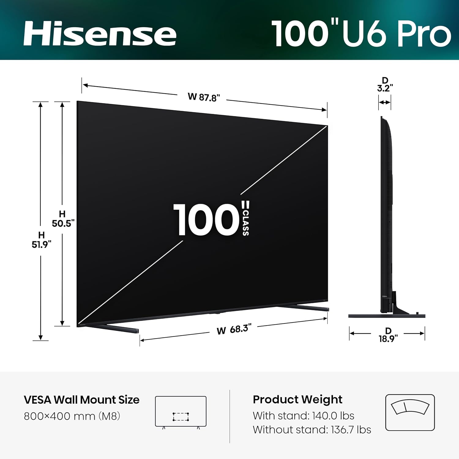 Detalle de Hisense 100U6SF Pro 100-Inch Mini-LED 4K Fire TV, Native 144Hz