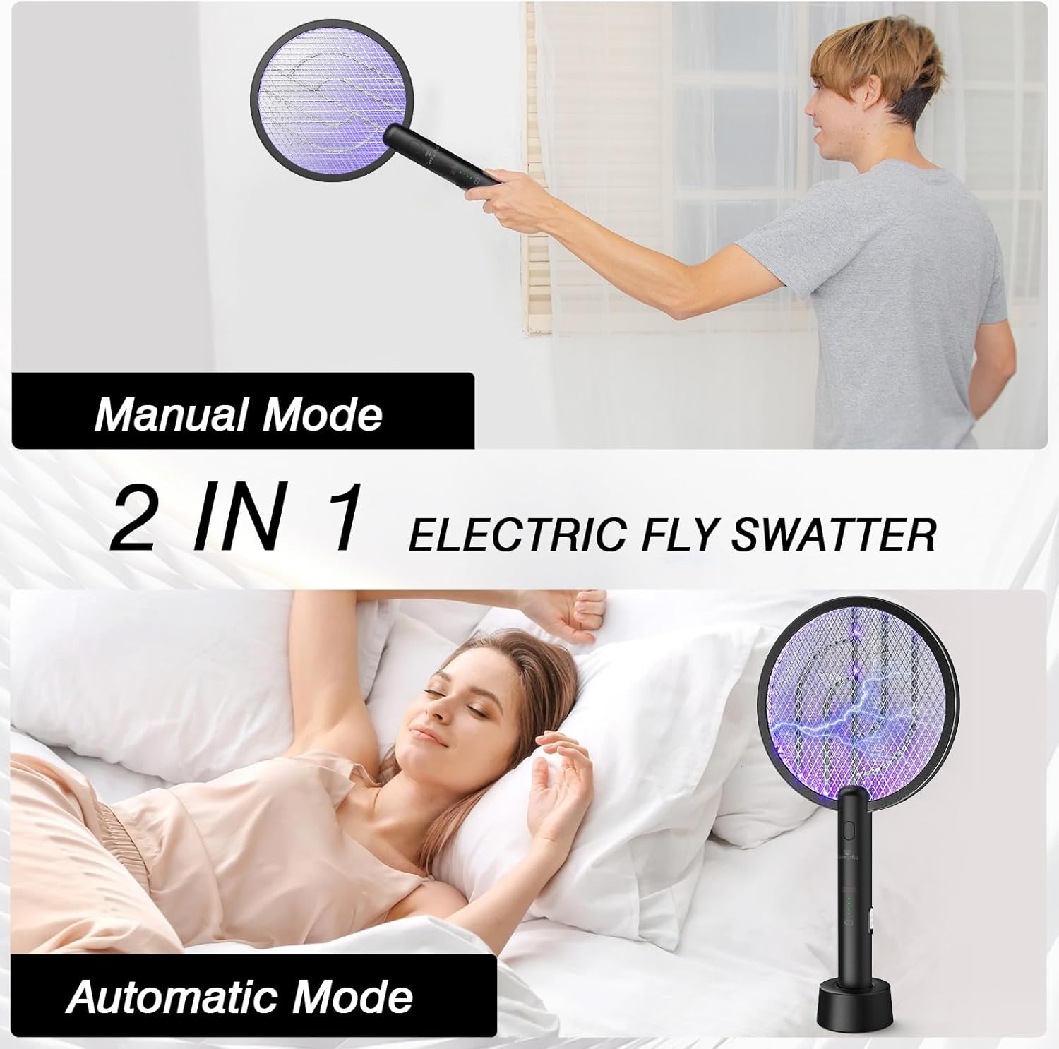 Detalle 2 de GooQand Electric Fly Swatter Rechargeable (4000V) USB 2-in-1 Bug Zapper Racket, 2 Pack