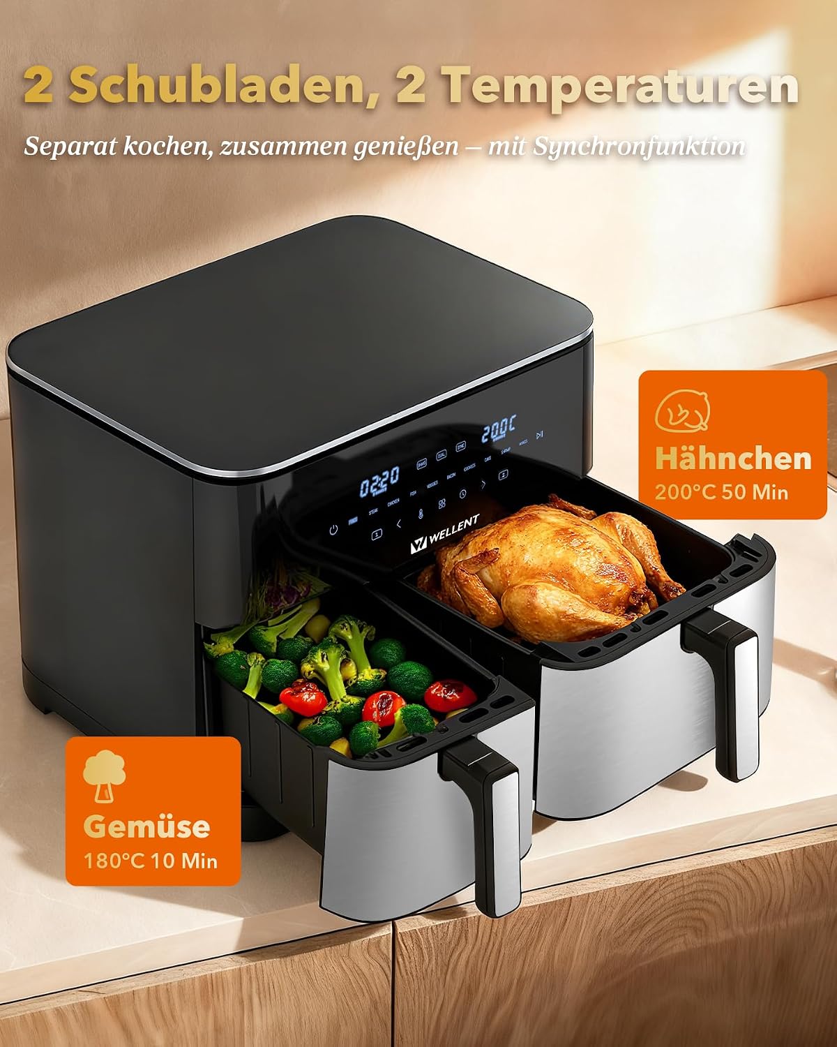 Detalle de WELLENT XXL 11 L Airfryer mit 2 Kammern – 2600 W, Dual Zone, Sync & Match Funktion