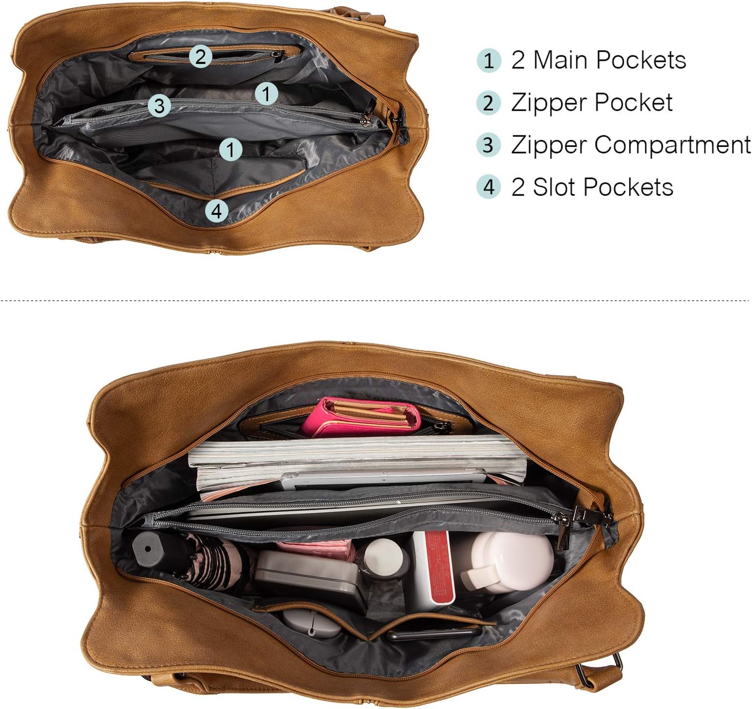 Thumbnail 3 de Realer Sac à main bandoulière femme en cuir PU brun clair avec 2 pièces