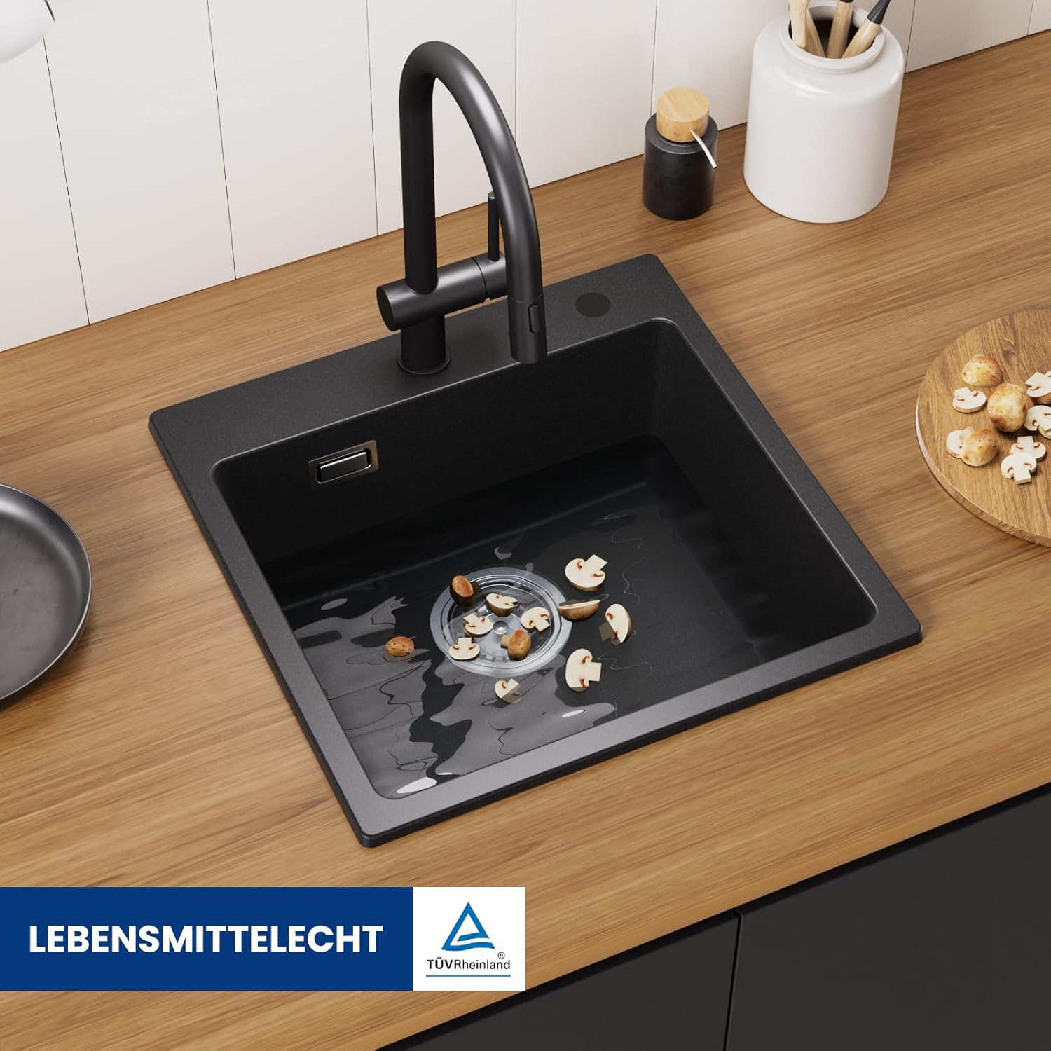 Detalle de CECIPA Küchenspüle Granit 45x45 cm – schwarz, eckig, 2 Hahnlöcher, inkl. Ablaufset