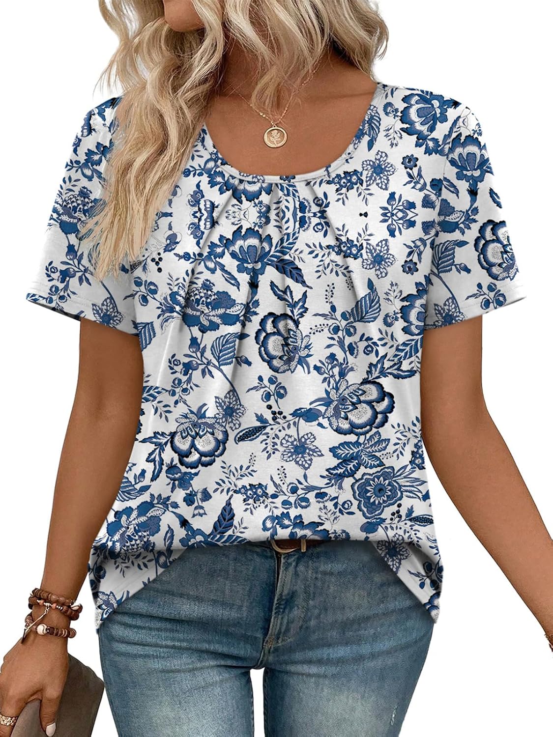 Detalle de WIHOLL Women’s Pleated Short Sleeve T-Shirt Top (Scoop Neck, Loose Fit)