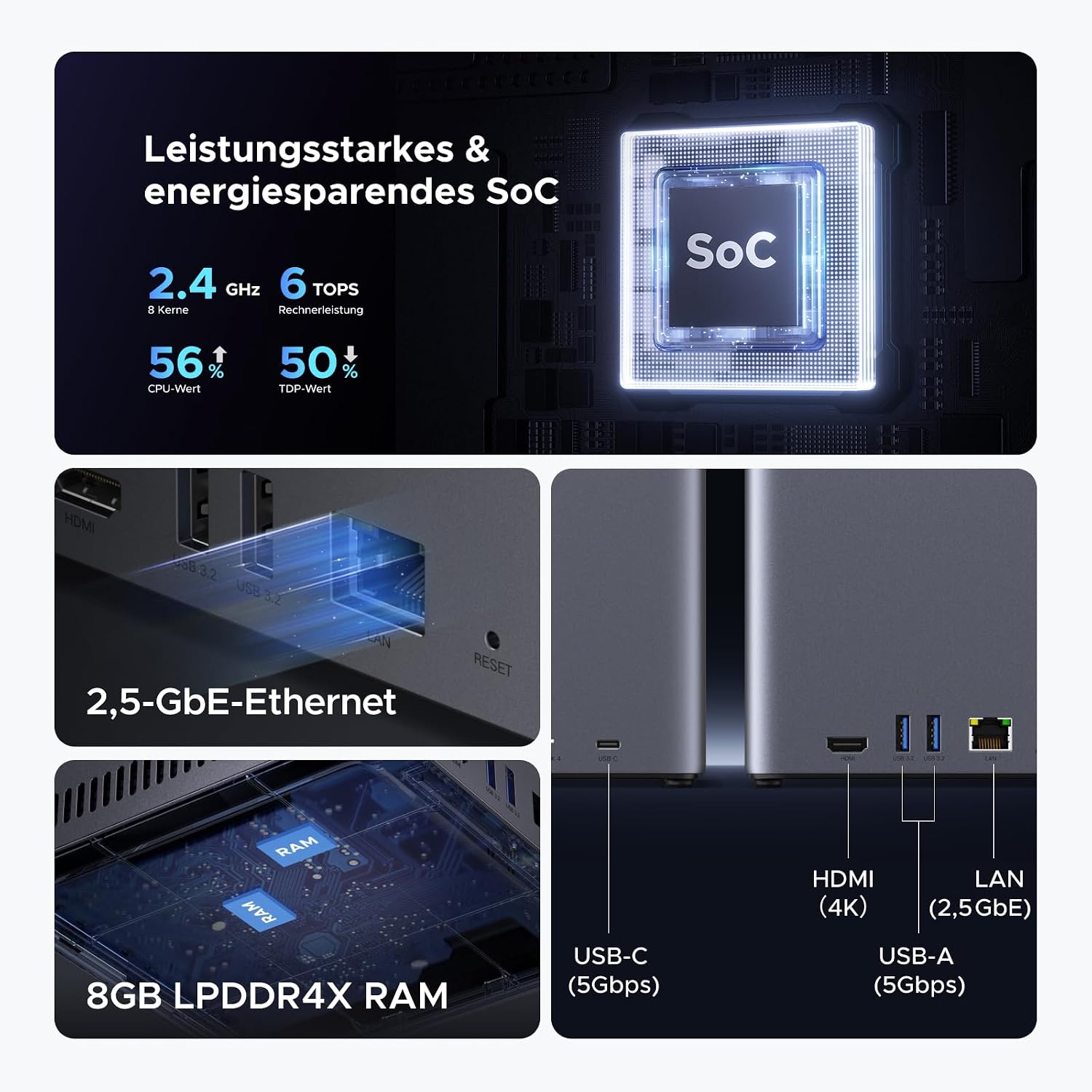 Detalle 2 de UGREEN NASync DH4300 Plus: 4-Bay Desktop NAS mit 2,5 GbE, NFC und KI-Familienalbum (Ohne HDD)