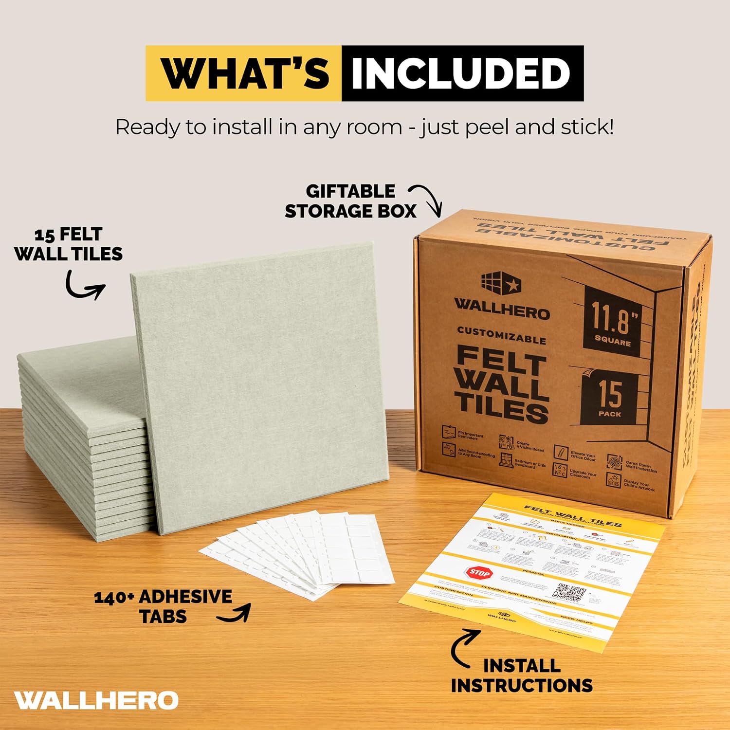 Detalle de WallHero Felt Wall Tiles, 59" x 36", 15-Pack, Sage Green Recycled Polyester