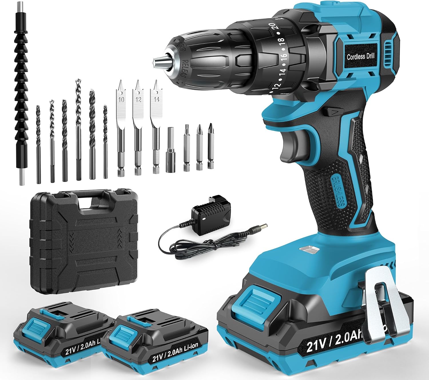 Detalle de LEEIKOO 21V Brushless Cordless Hammer Drill/Driver with 2 x 2.0Ah Batteries, 45N.m Combi Mode