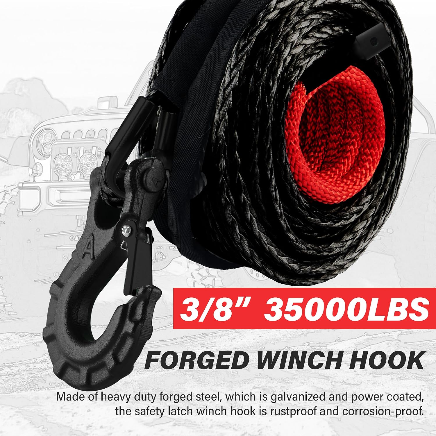 Thumbnail 4 de TYT Synthetic Winch Rope Kit - 3/8" x 92' (27000 lbs) with Protective Sleeve, Heavy Duty Hook & Safety Pull Strap
