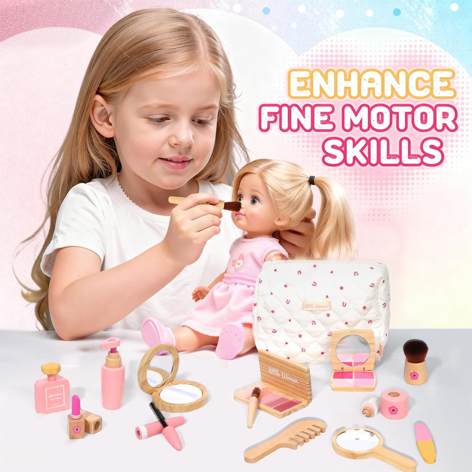 Detalle de Wooden Pretend Makeup Kit for Toddlers — Non-Toxic, Mess-Free Play Set for 1–3 Year Old Girls