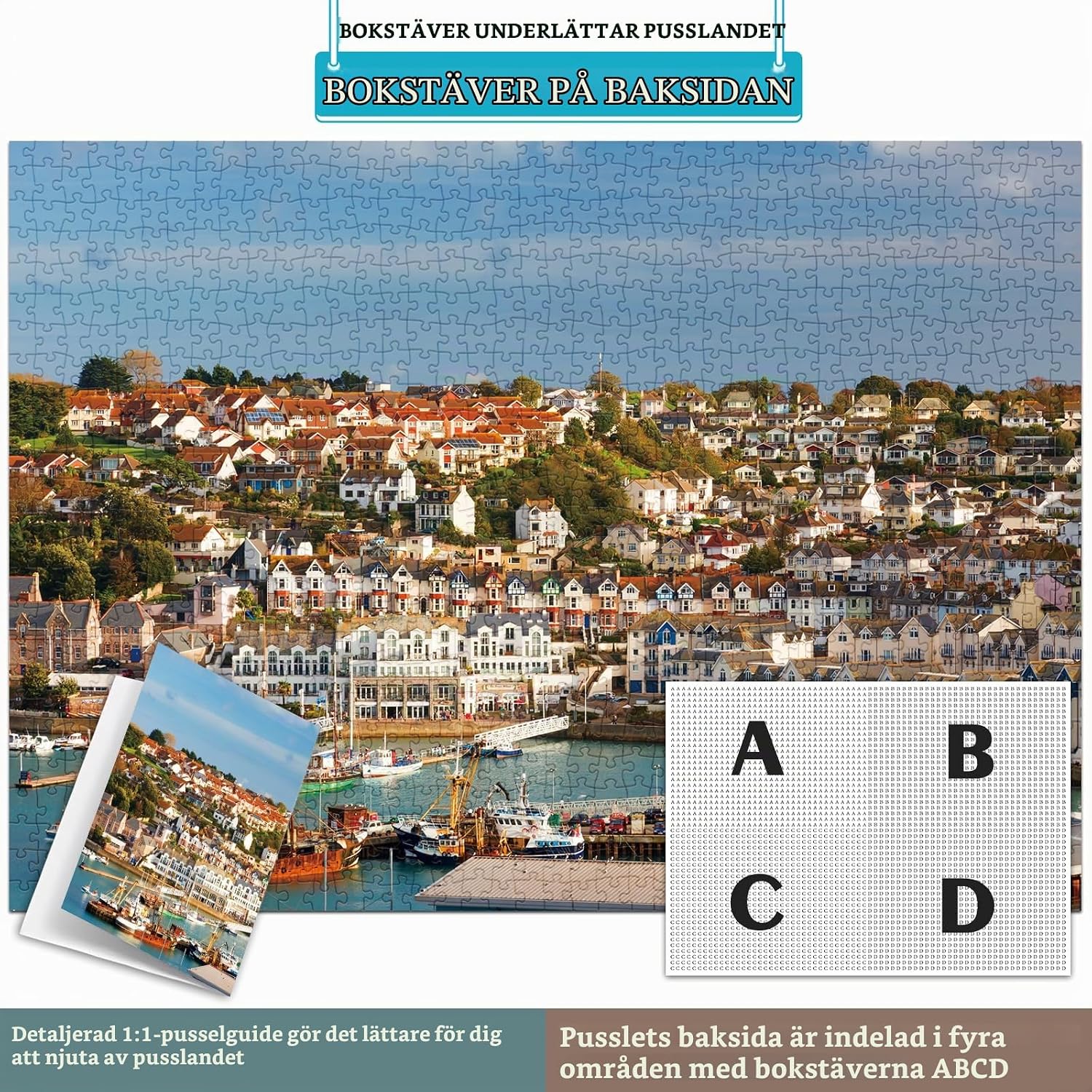 Detalle 2 de HUADADA Brixham Hamn-pussel, 1 000 bitar, 70 × 50 cm med matt yta