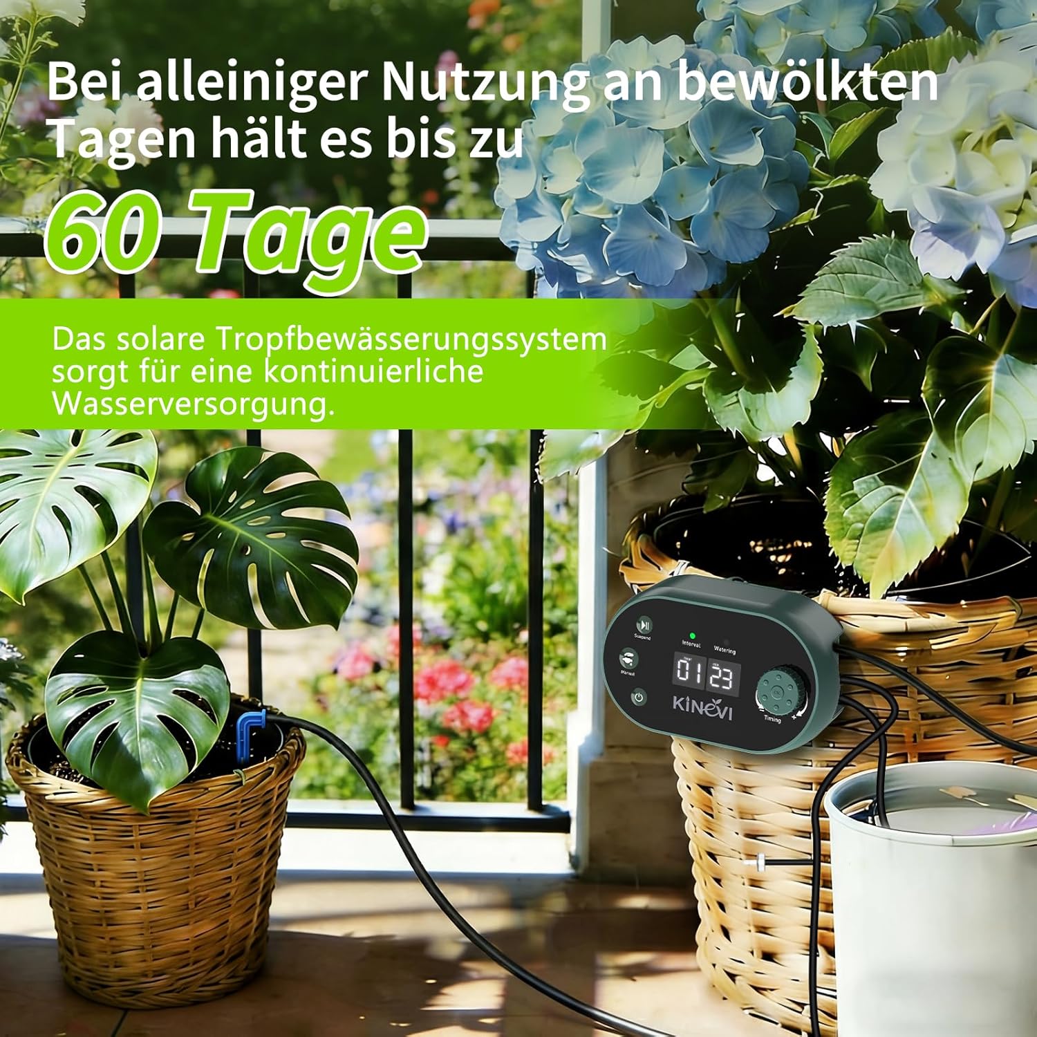 Thumbnail 4 de Solar Bewässerungssystem Garten Automatisches mit 22 Modi Timer – 15 m Schlauch, 15 Tropfstrahler (3W) für Balkon, Beet, Gewächshaus
