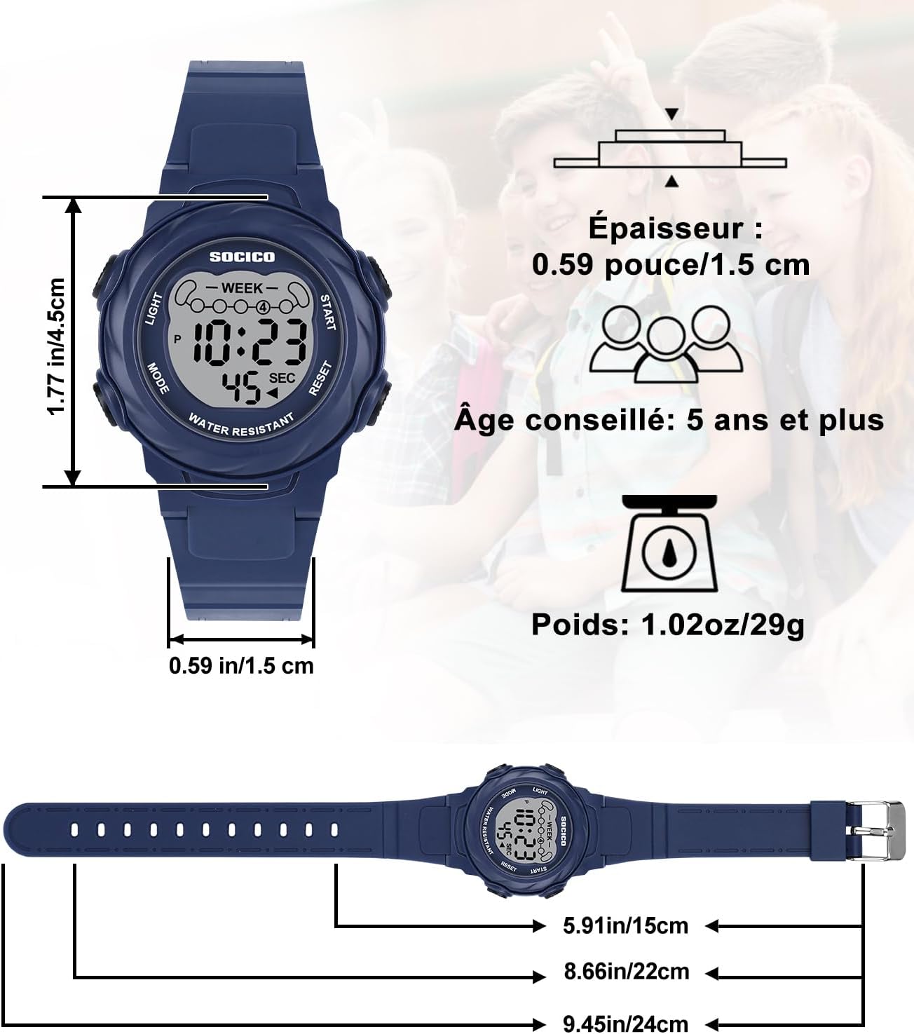 Detalle de SOCICO Montre numérique pour enfants — étanche 5ATM, 7 couleurs lumineuses et fonctions multipliables