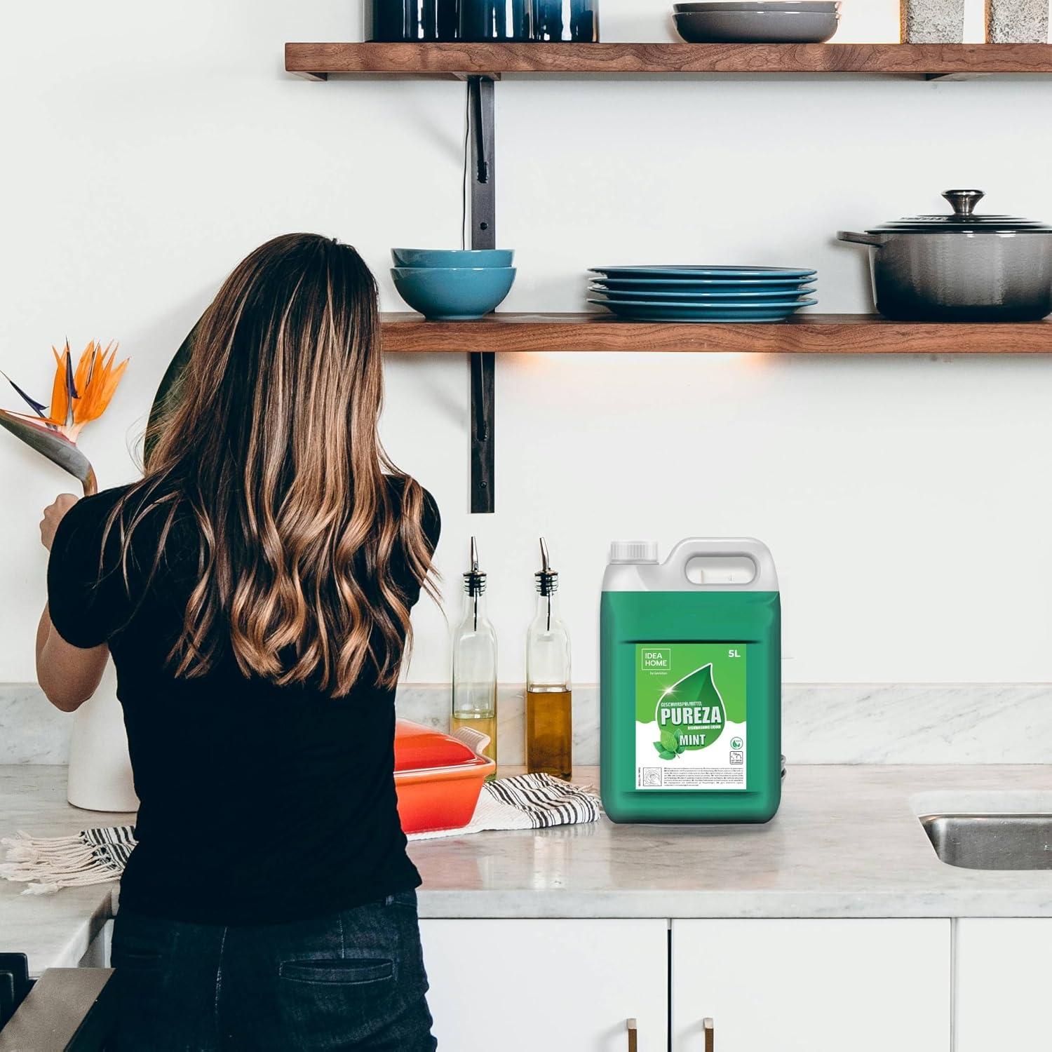Detalle 2 de IDEA HOME Liquide Vaisselle 5L PUREZA – Puissant dégraissant à la menthe, vegan et doux pour les mains