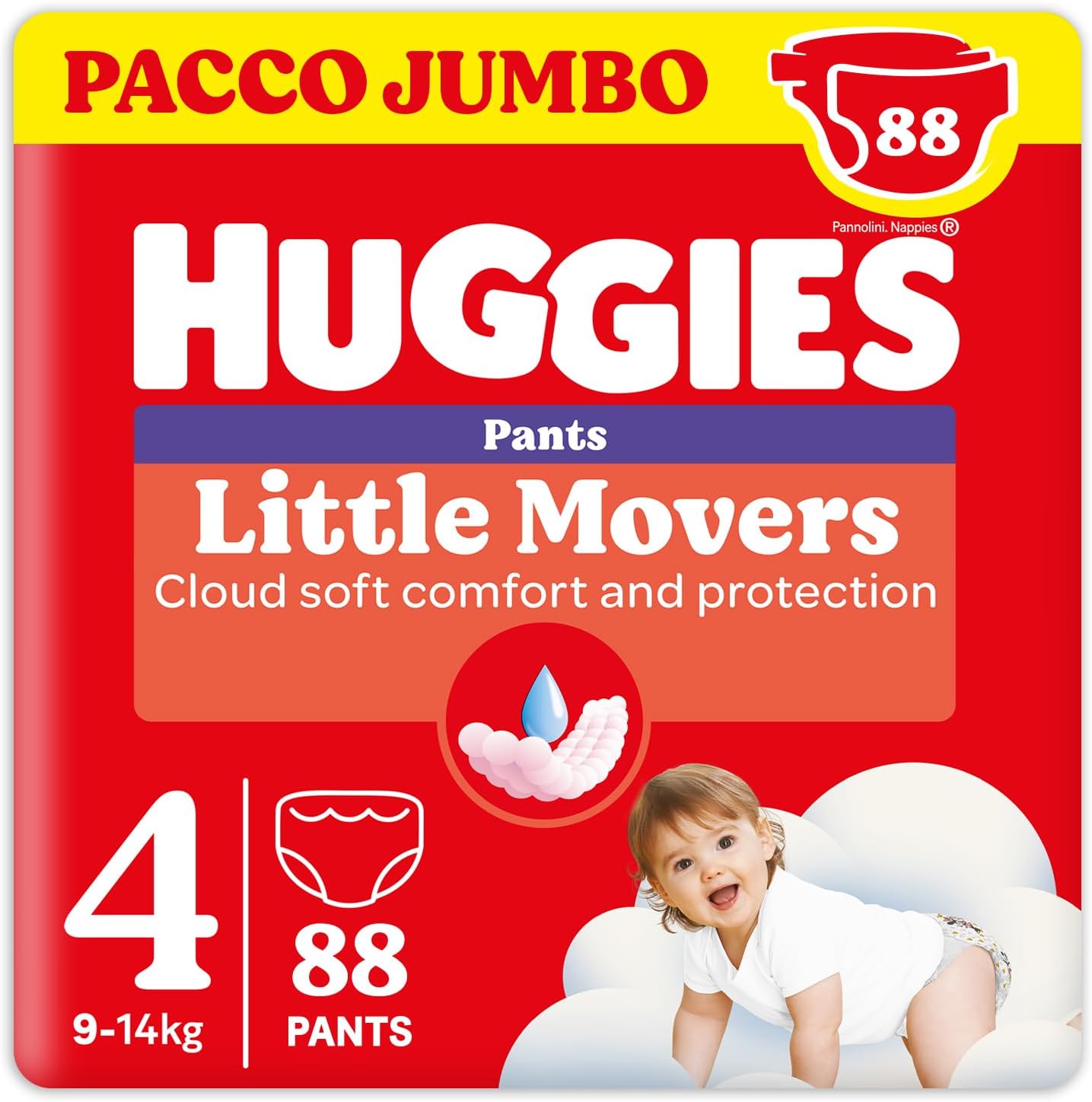 Huggies Little Movers Mutandina Taglia 4 (9-14 Kg) – 88 Pz, Ultra assorbente e protezione completa