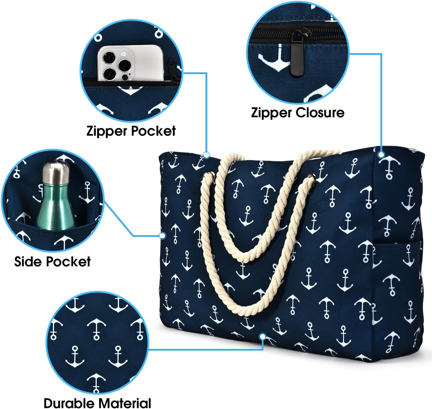 Thumbnail 3 de oscaurt Large Waterproof Beach Bag with Zip and Rope Handle – capacity tote for beach, pool and travel
