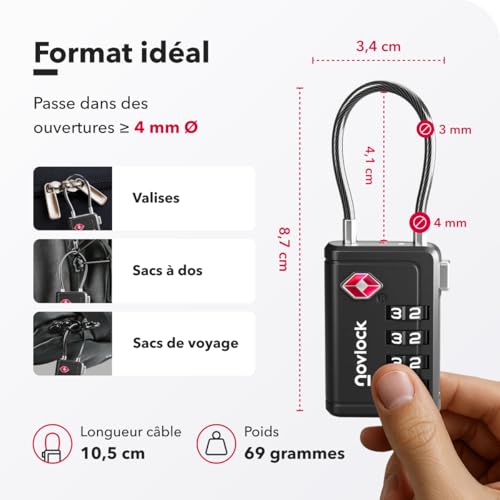 Detalle 2 de Cadenas TSA à 4 chiffres avec Indicateur d’ouverture – NovLock (Lot de 2, Noir) pour valise, bagage cabine et sac à dos