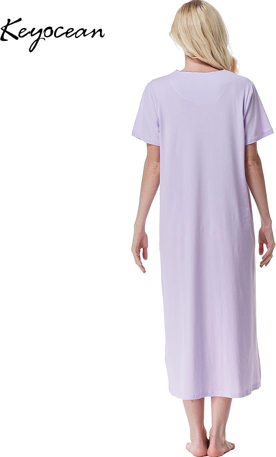 Detalle 2 de Keyocean nightgown Women's 100% Cotton Sleep Dress, Short Sleeves, Mid-Calf