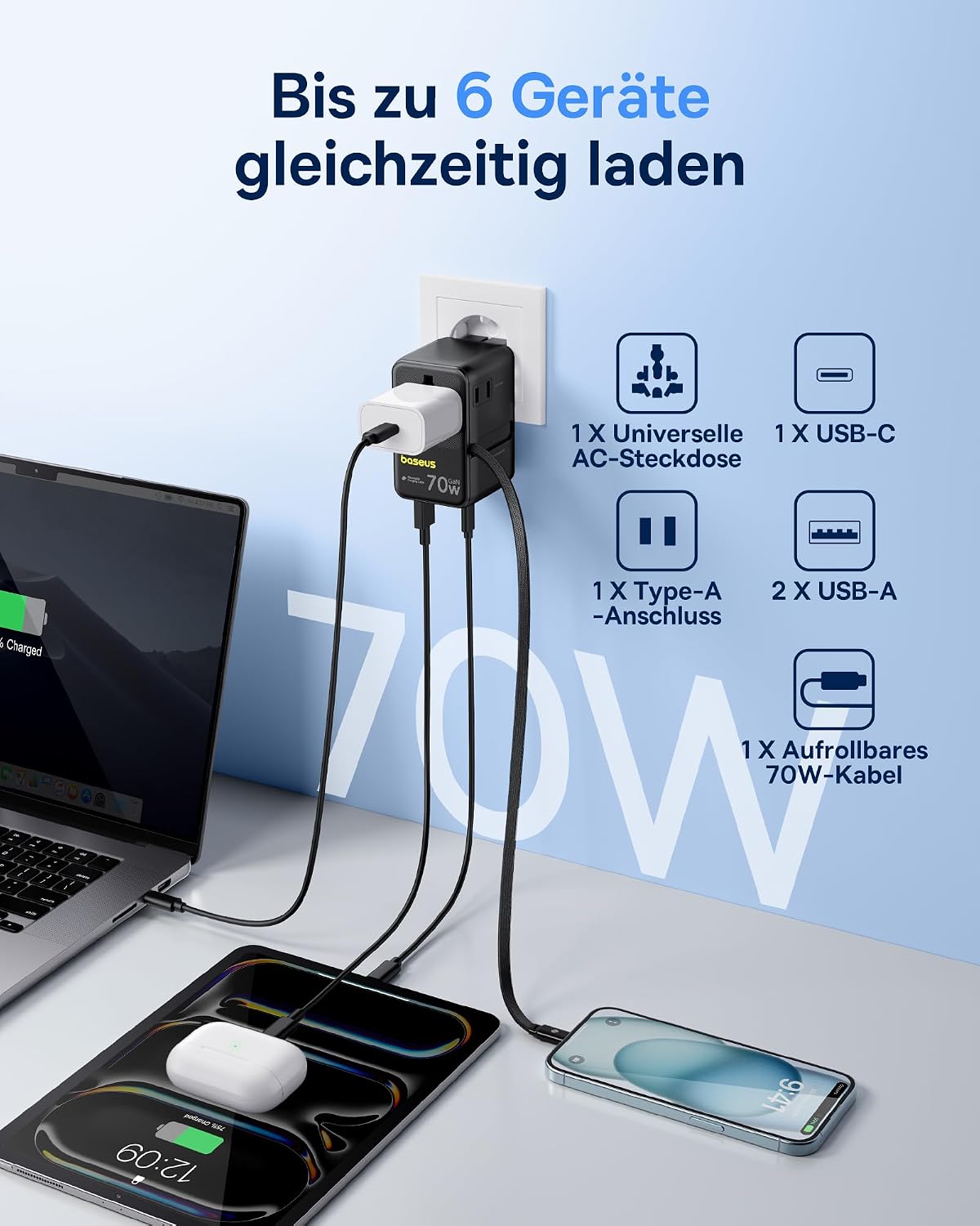 Detalle 2 de Baseus Enercore 70W Reiseadapter USB-C mit 70W Kabel