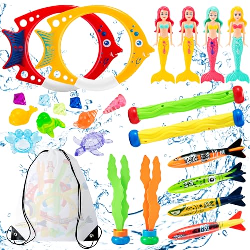 Detalle de Mactoou Juguetes de Buceo para Piscina (24 piezas) – Juego infantil para nadar y bucear con bolsa de transporte