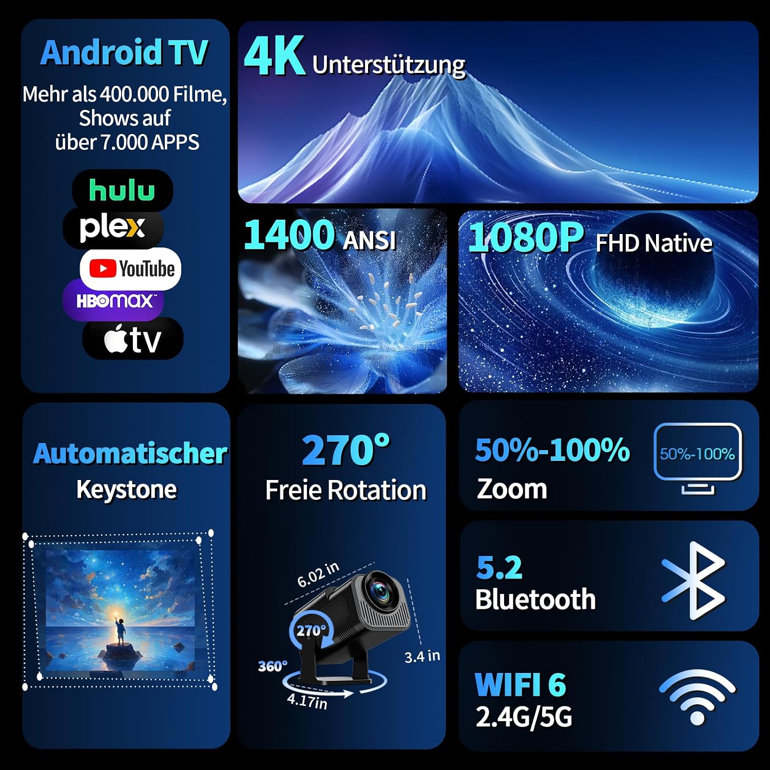 Thumbnail 2 de Mini Beamer 4K Full HD 1080P (2026 Modell) Nonete NT30 – tragbarer Smart-Projektor mit WiFi 6, Bluetooth 5.2 und automatischer Trapezkorrektur