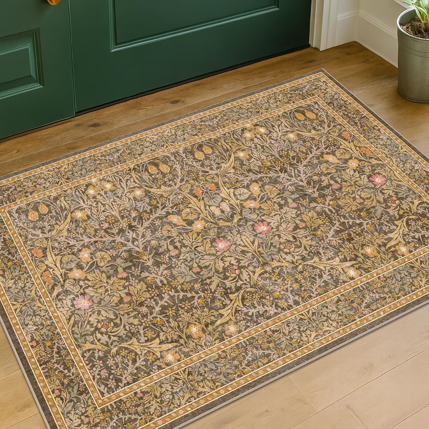 Detalle de Brown Washable Entry Rug - Front Door Throw Rug (2x3) with Non-Slip Backing, Vintage Floral Boho Kitchen & Bathroom Mat
