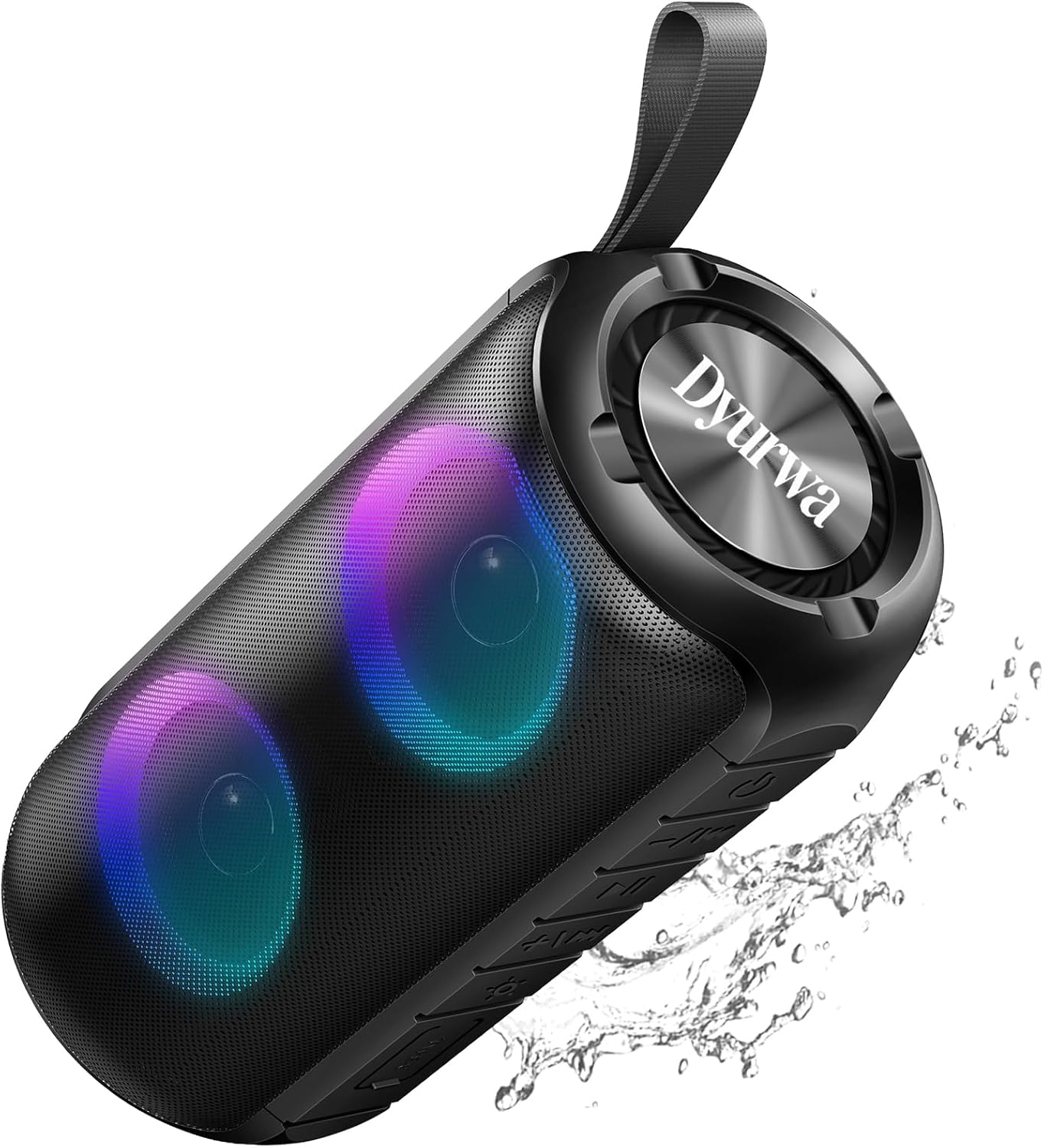 Dyurwa Portable Bluetooth Speaker (24W Stereo Sound, Bluetooth 5.3, IPX6, 12H playtime) with RGB lights and built-in mic
