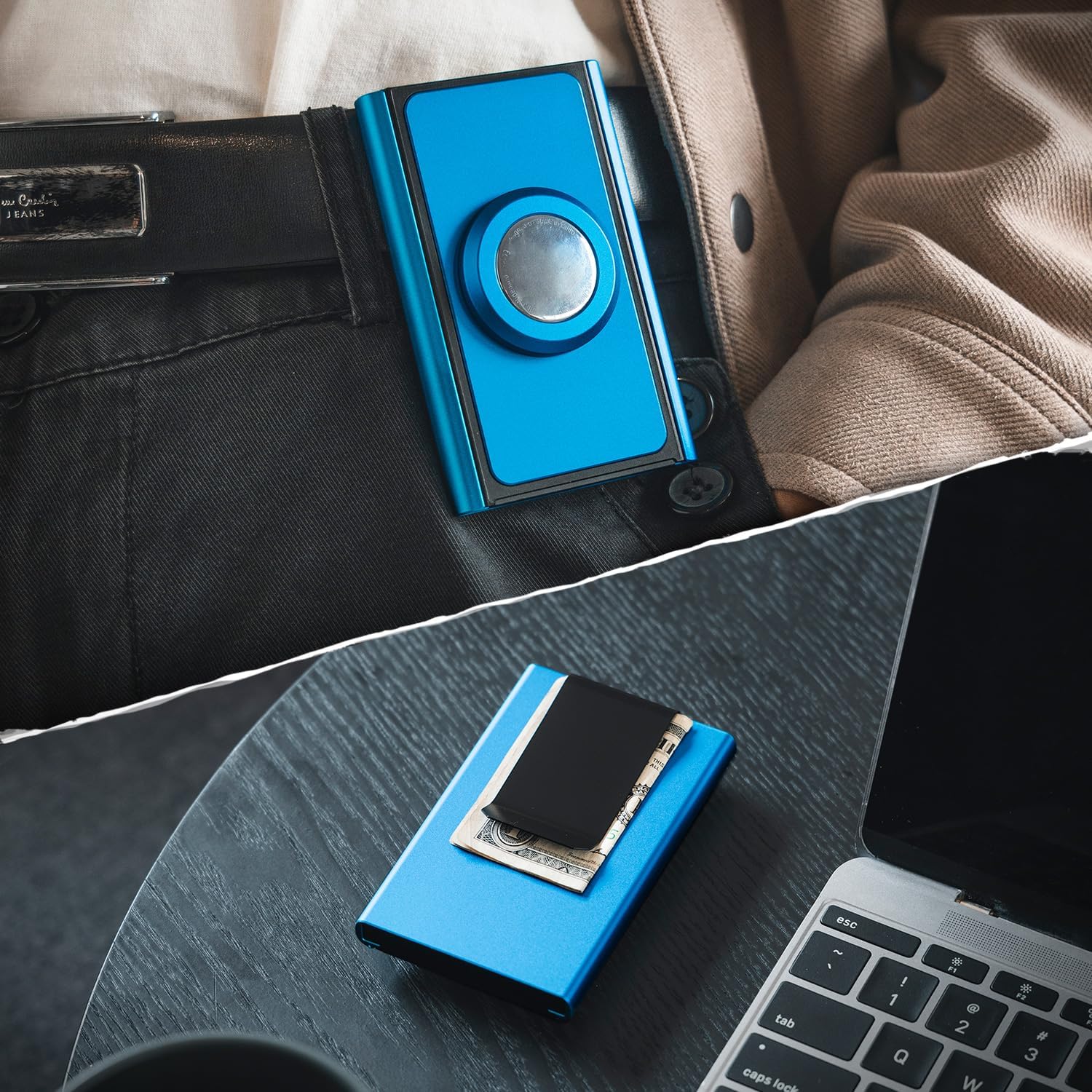 Detalle de VULKIT Slim Card Wallet with Airtag Holder and Money Clip (Aluminium, RFID Blocking) – Blue