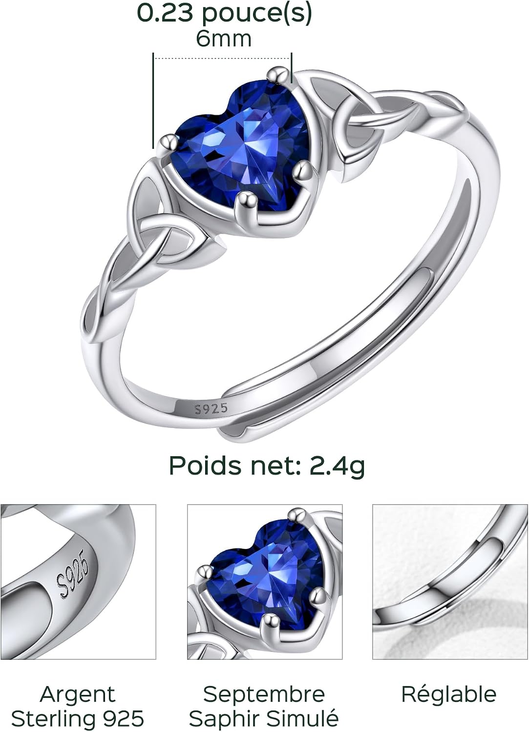 Detalle de ChicSilver Bague femme argent 925 réglable avec pierre cœur, ouverte (taille 51,5 à 66,5)