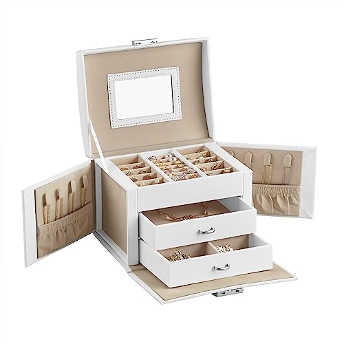 Detalle de Caja Joyero SONGMICS JBC154W01 de 3 niveles con asa, espejo y cerradura – Blanco clásico