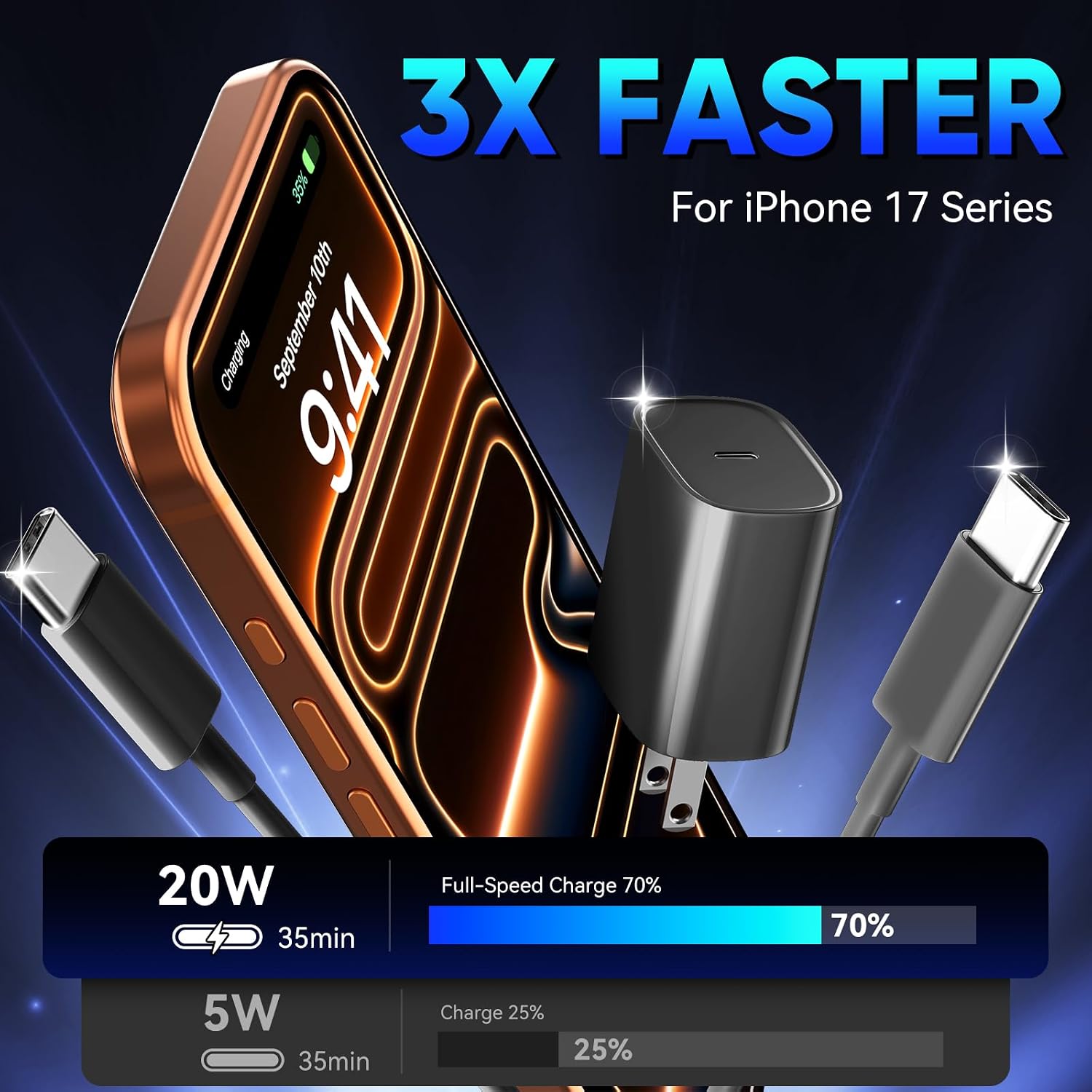 Detalle de Phone 17, 16, 15 Pro Charger Fast Charging — 20W USB-C Charger with 10ft Cable (2-Pack)