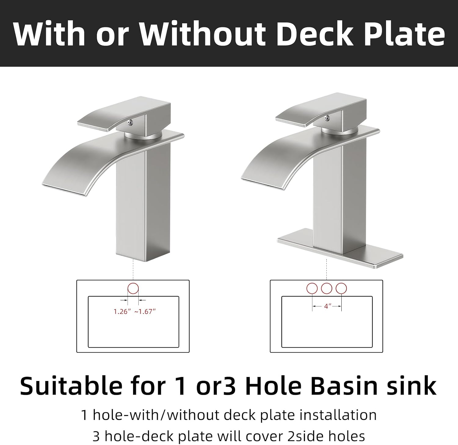 Detalle de ryuwanku Ryuwanku Brushed Nickel Waterfall Bathroom Faucet with Single Handle (SUS 304, for 1 or 3 Holes)