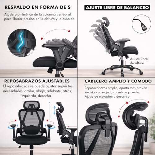 Thumbnail 5 de Silla de oficina ergonómica T-LOVENDO.ES con soporte lumbar ajustable, malla transpirable y reposacabezas