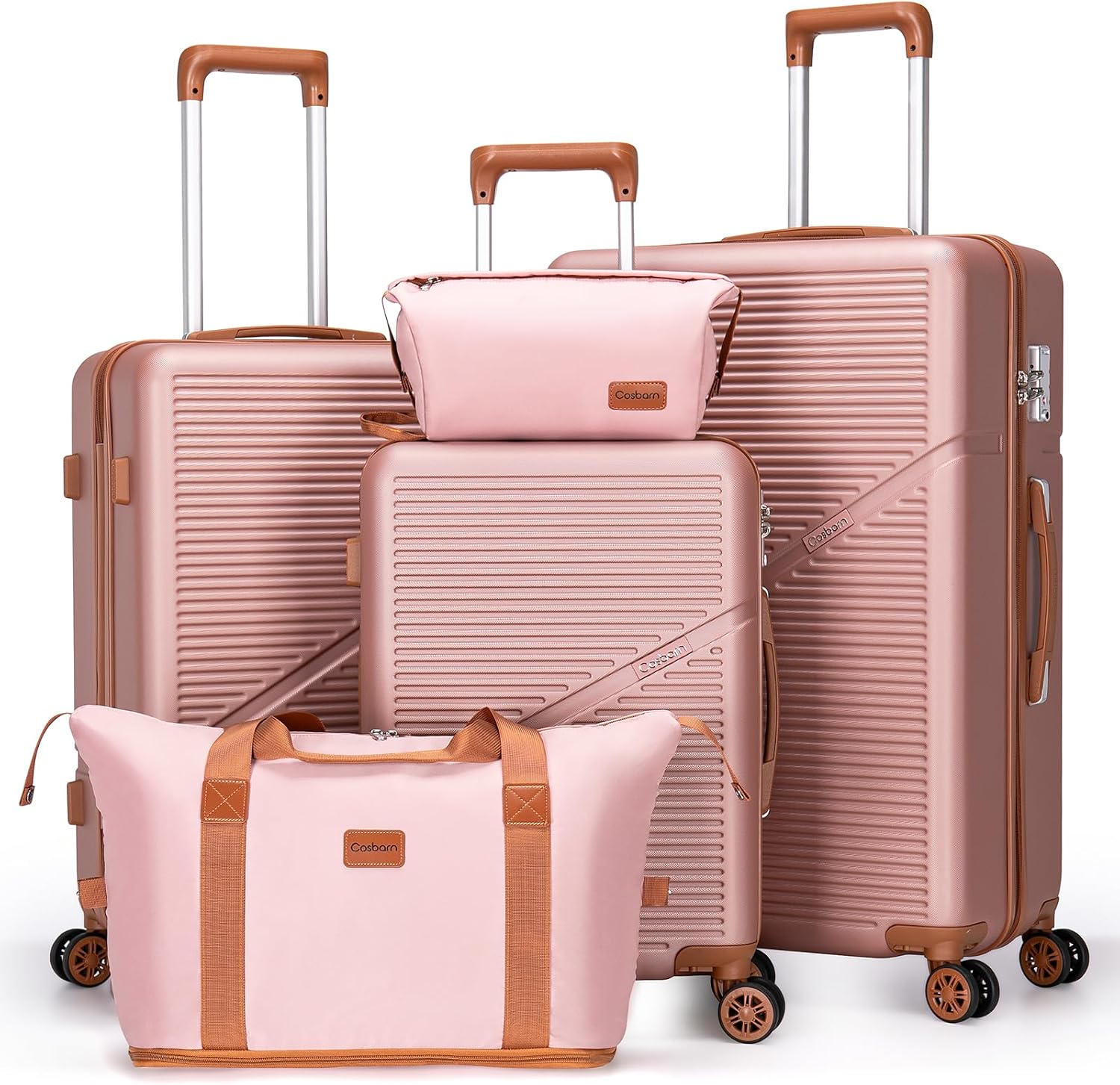 Cosbarn 5-Piece Luggage Set with Spinner Wheels in Rose Gold (20/24/28) – ABS Hardside, TSA Lock