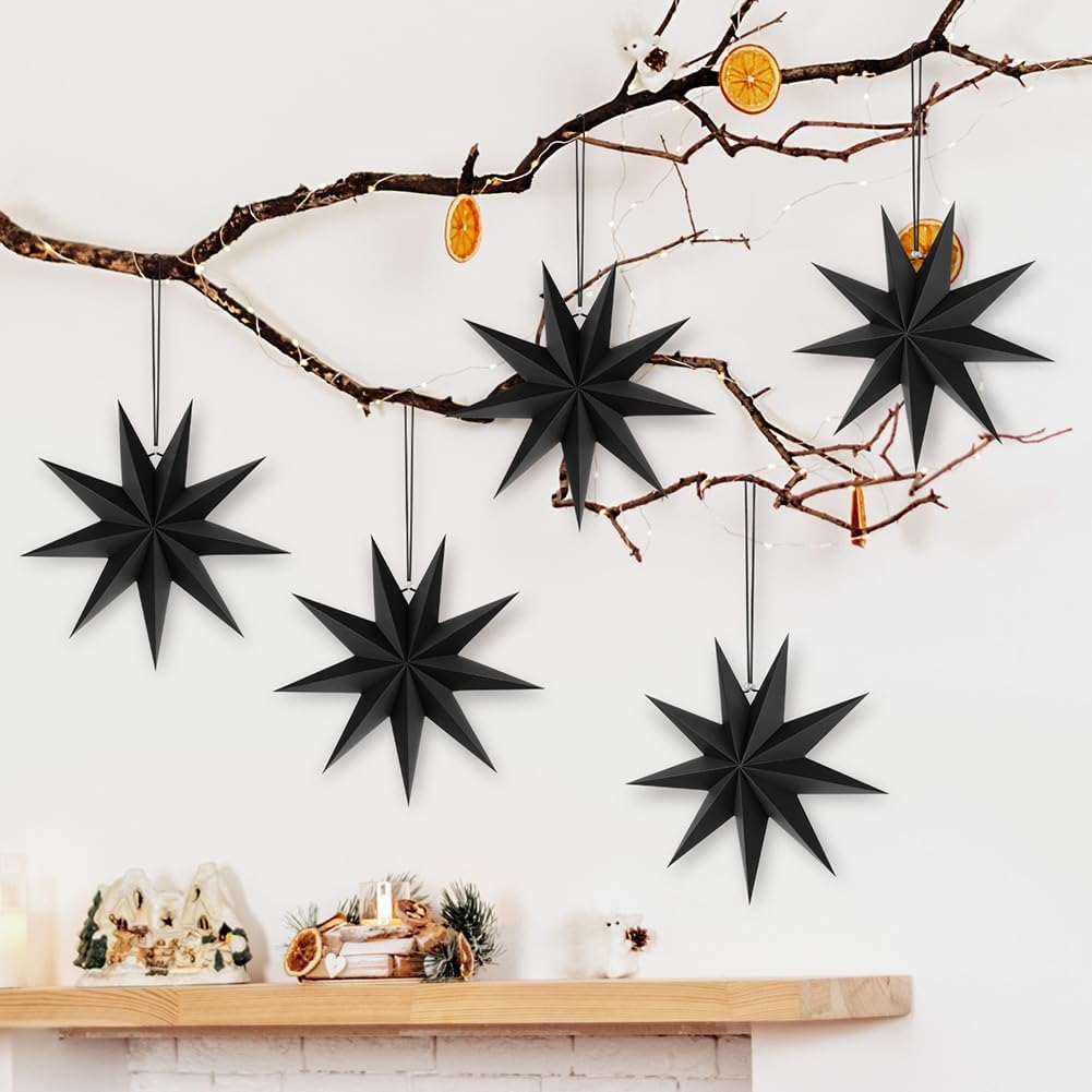 Detalle de Vicloon 9 Pointed Paper Star Lanterns, 30cm 3D, pack of 5, black