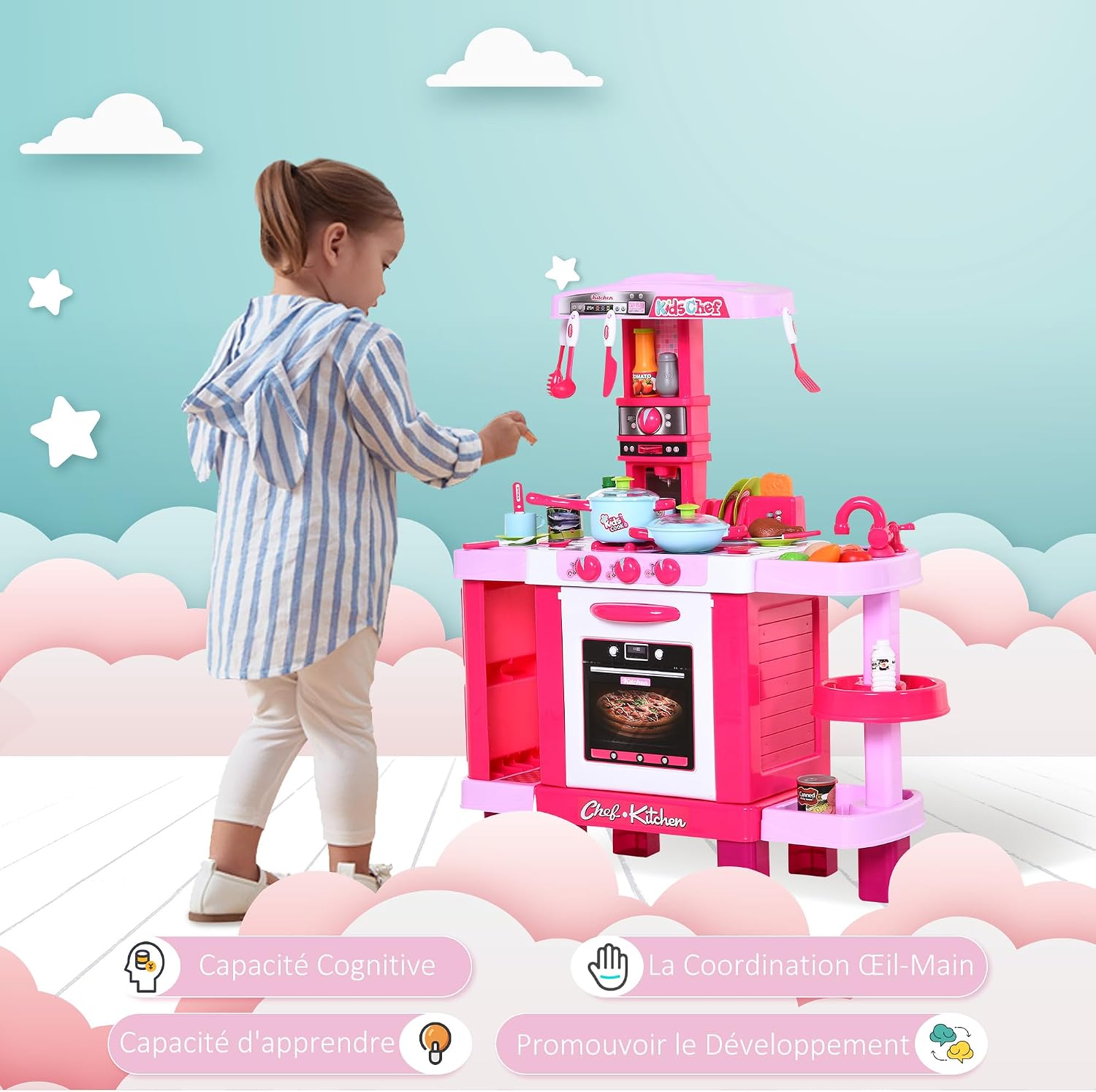 Detalle de HOMCOM kinderkeuken met 38 accessoires, geluiden en lichtjes in roze