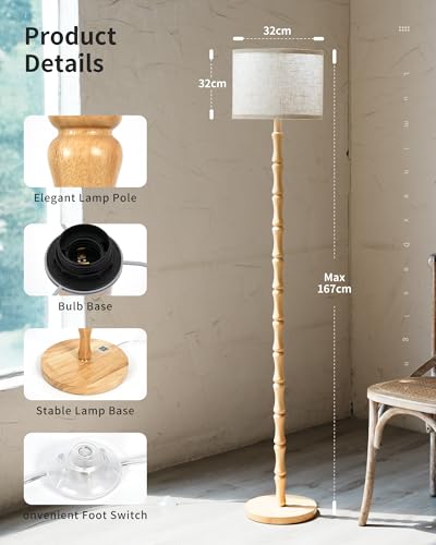 Detalle de LuminexDesigns Lámpara de Pie de Madera Vintage – Roble Natural con Pantalla de Lino Beige