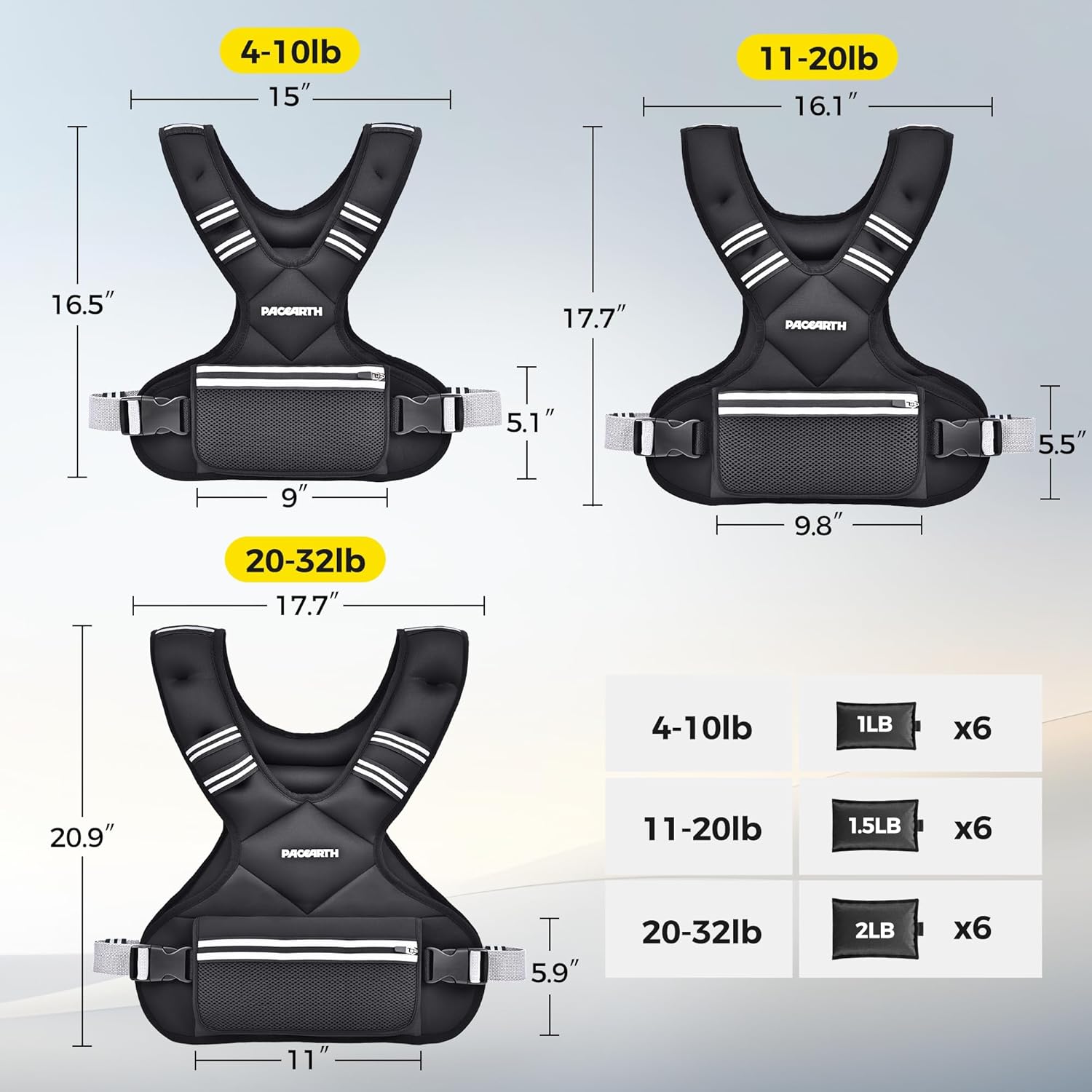 Thumbnail 6 de PACEARTH Adjustable Weight Vest (4–10 lbs to 32 lbs) with X-Shape Design, Zipper Pouch & 6 Weight Packs