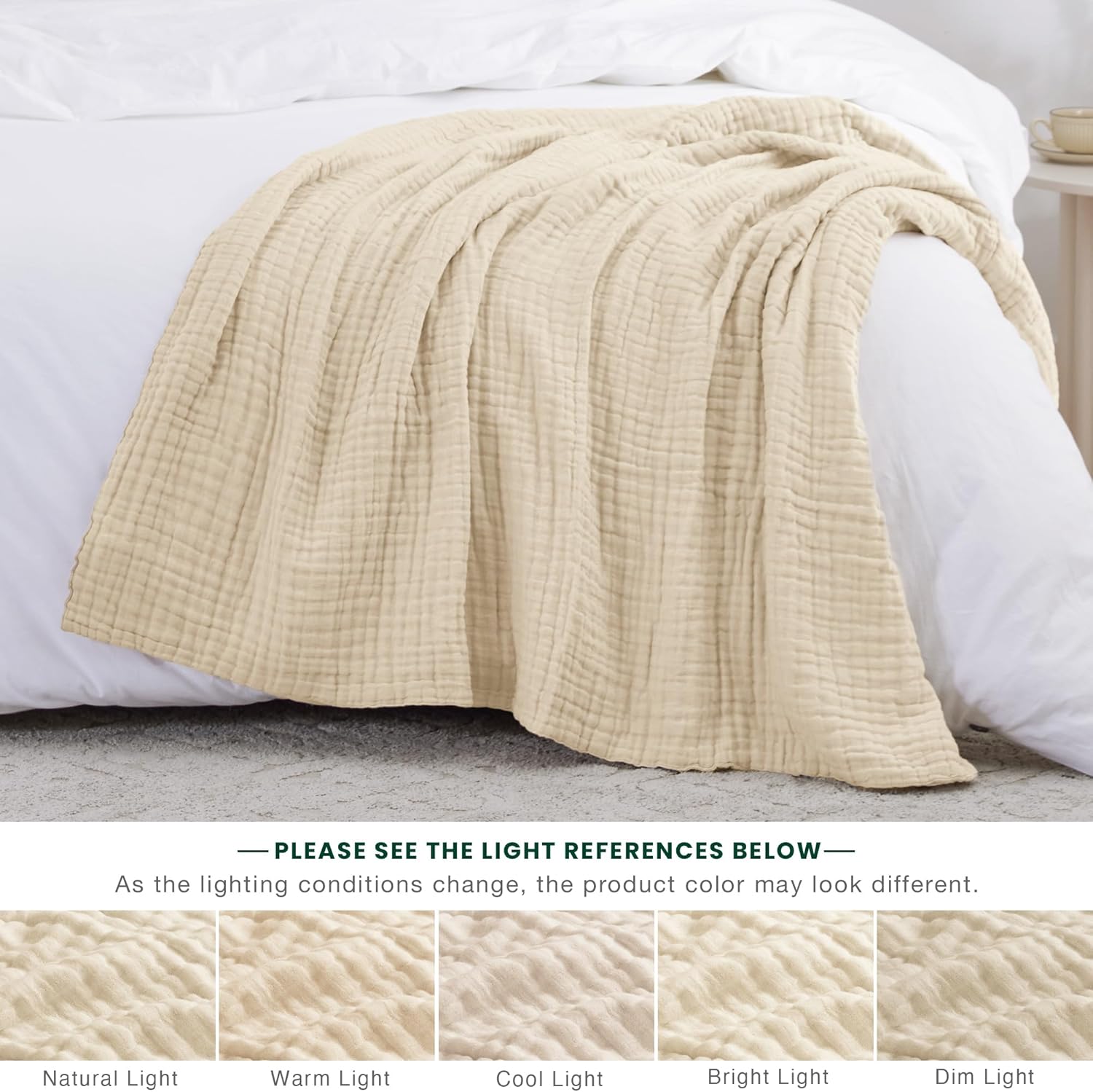 Thumbnail 4 de Love's Cabin 100% Cotton Muslin Blanket — 6-Layer Lightweight Gauze Throw (50 x 60 Inches) in Beige
