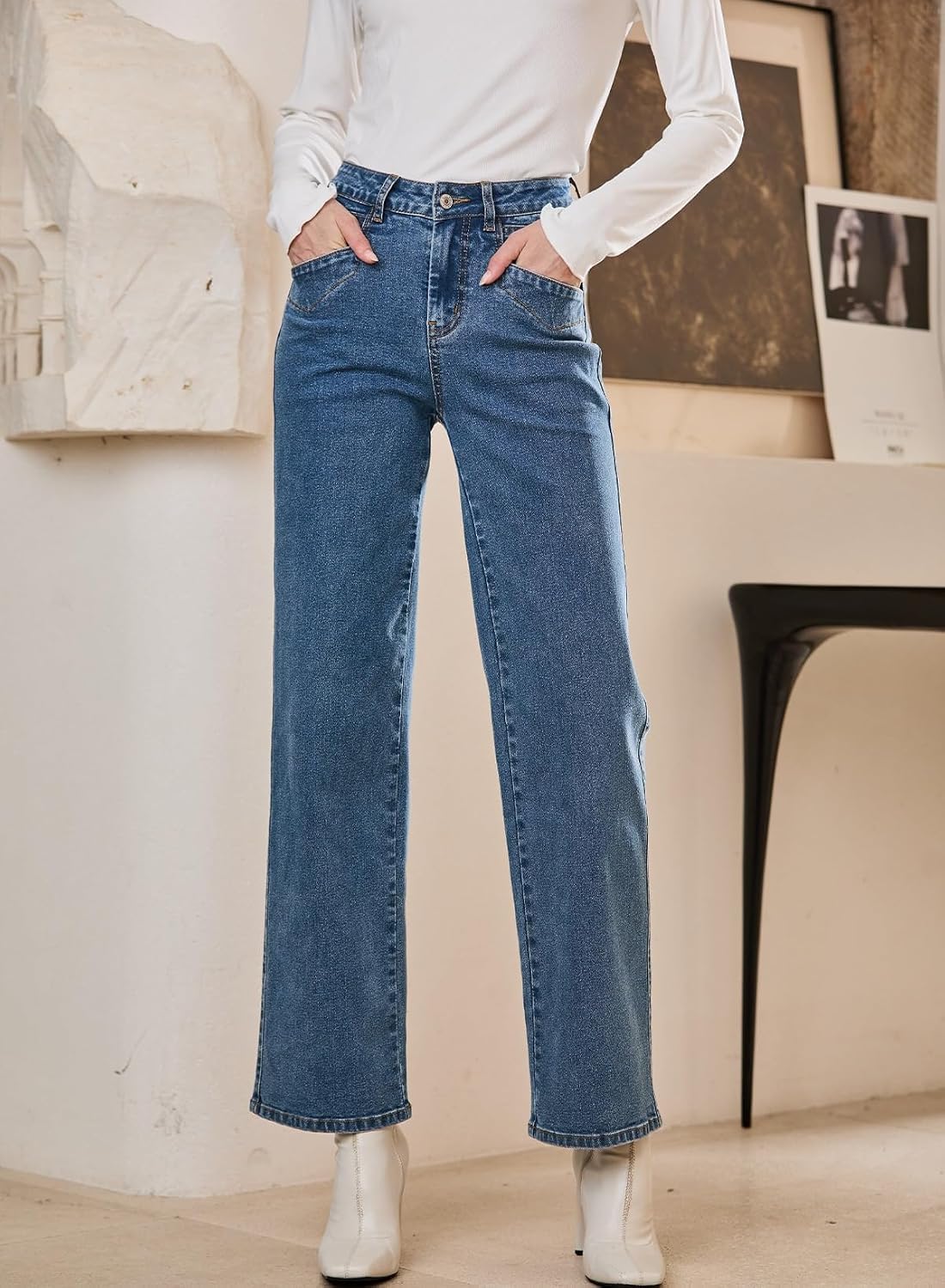 Detalle de SIDEFEEL Women's High-Waisted Stretchy Wide-Leg Jeans with Slant Pockets