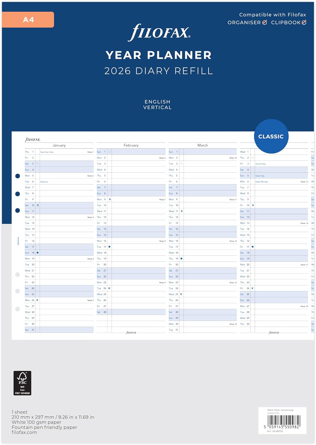Filofax Planning annuel A4 (multilingue) 2026 – Recharge papier 210 x 297 mm (100 g/m²)