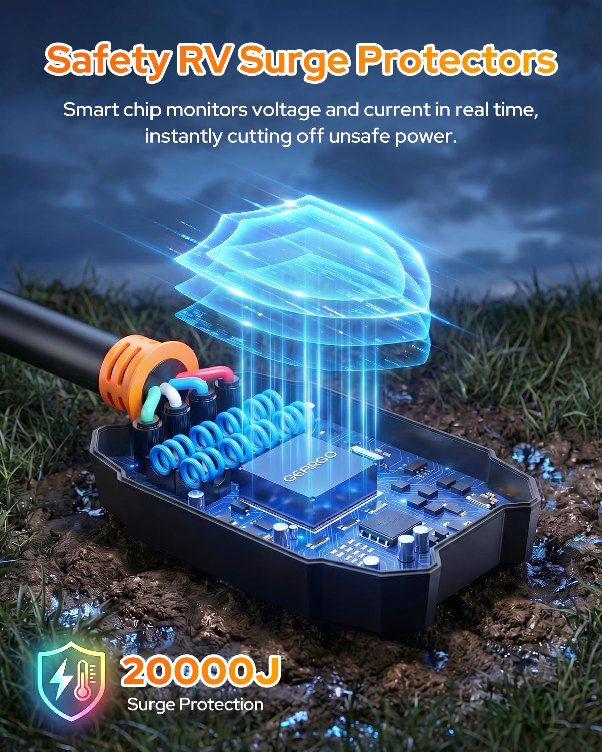 Detalle de GEARGO 2026 Smart RV Surge Protector 50 Amp with 20,000J: Real-Time Diagnostics for Safer Campouts
