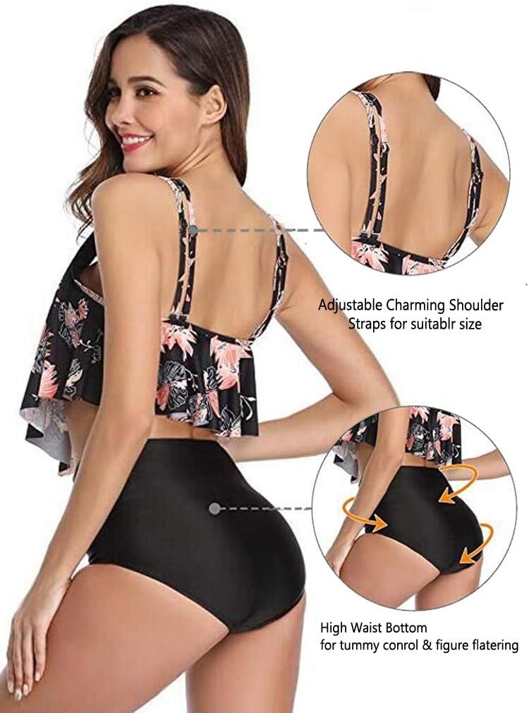 Detalle de Aidotop Damen-Badeanzug: Rüschen-High-Waist Bikini mit Taillen-Shaping