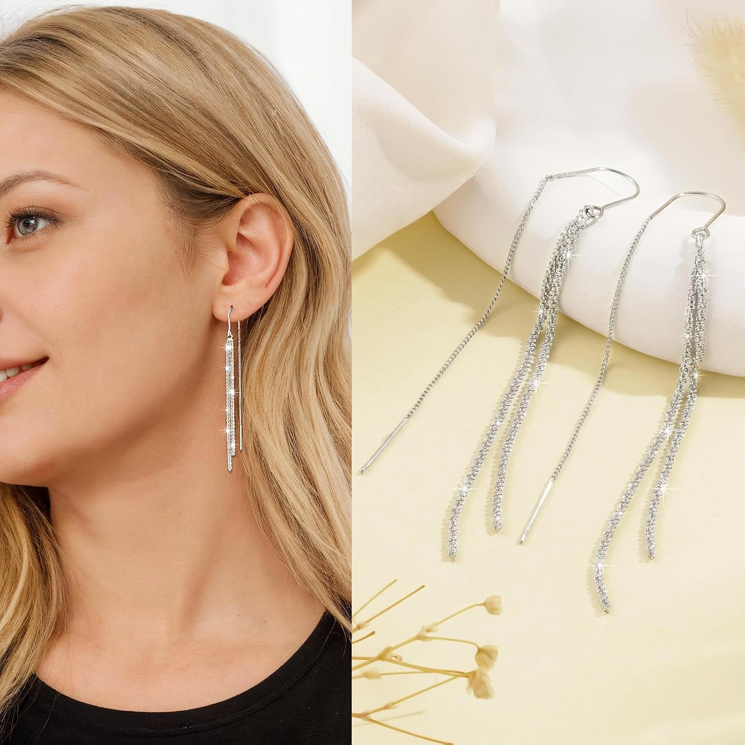 Thumbnail 4 de Aidenn Ohrringe Silber 925 Hängend mit Zirkonia & Quasten – lange Pendel-Ohrringe für Damen