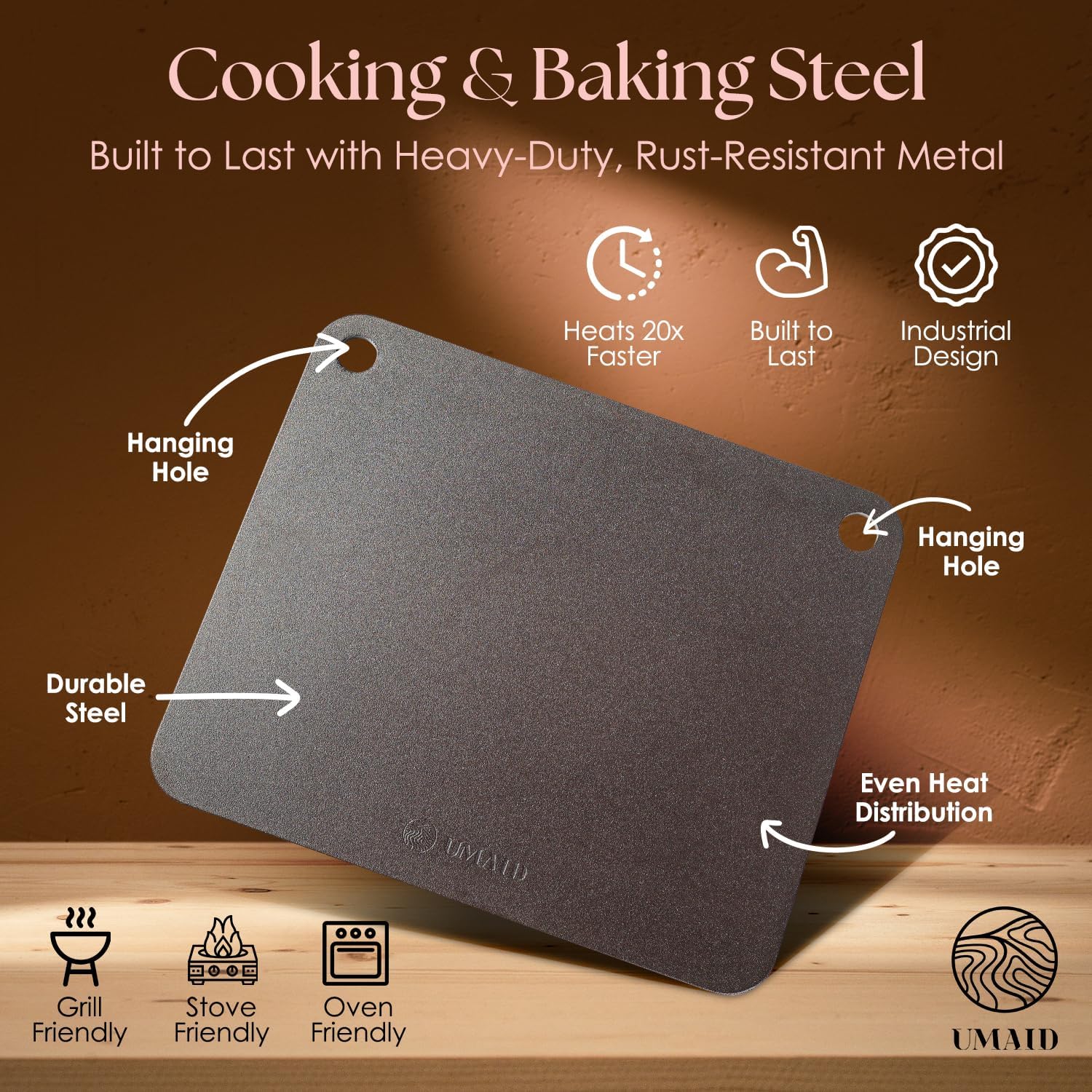 Detalle de UMAID Pizza Steel for Oven & Grill (16"x13.4", 1/4" thick) — pre-seasoned carbon steel baking steel