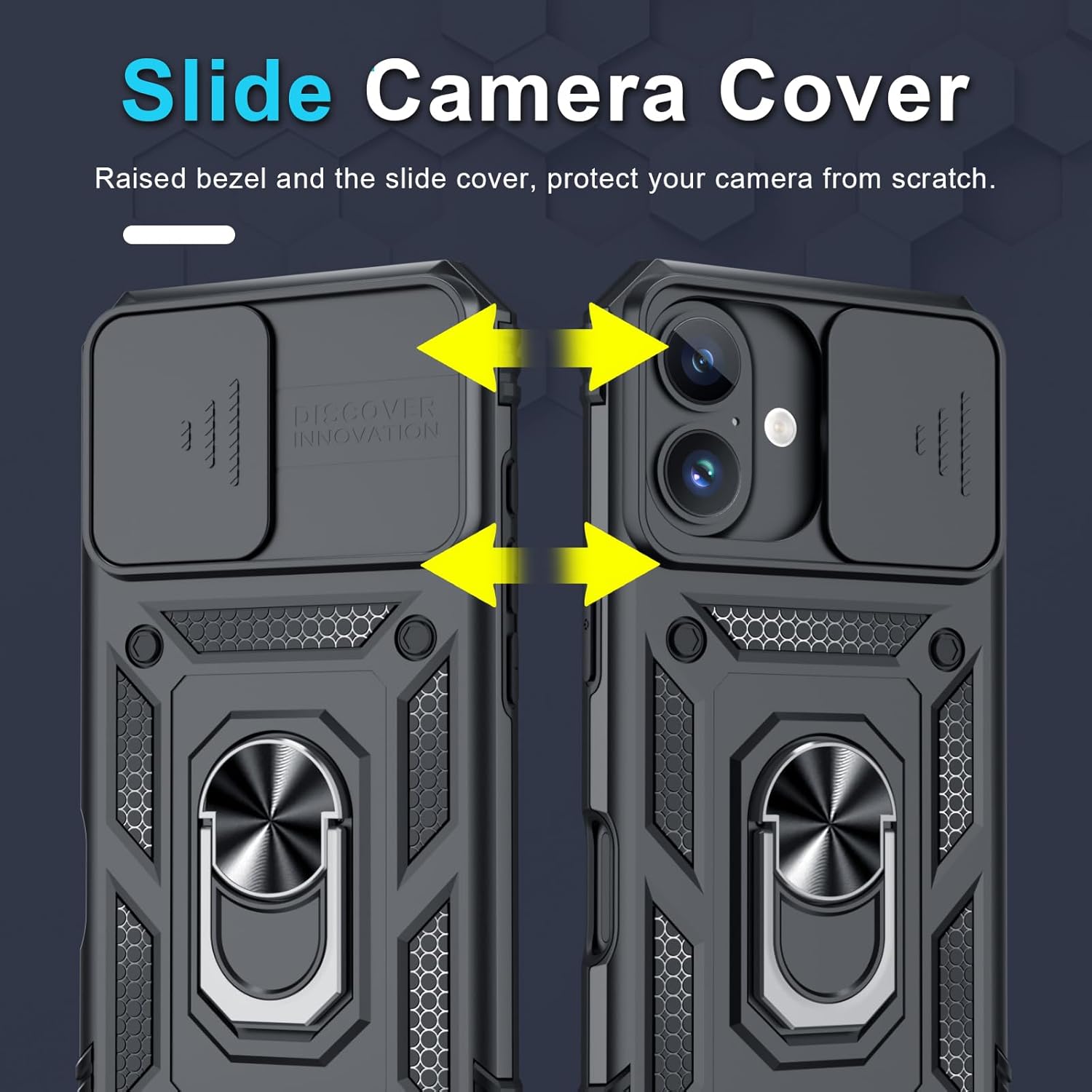 Detalle de Janmitta Case for iPhone 14 & 13: Heavy-Duty Case with Slide Camera Lens Cover, Built-In Screen Protector, Kickstand, and Finger Ring