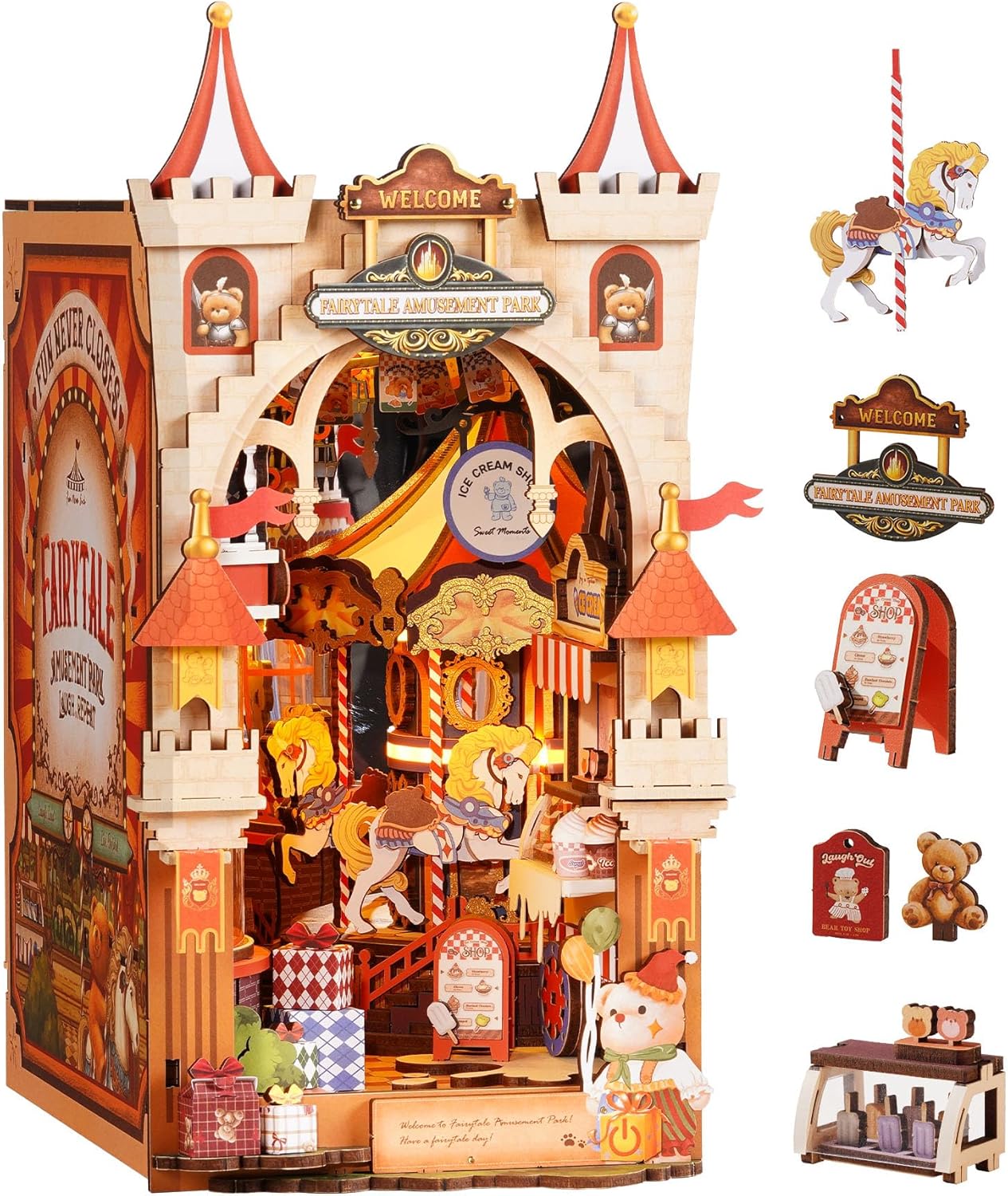 Detalle de Rolife Book Nook Parc d'Attractions Féérique – Kit puzzle 3D en bois avec éclairage