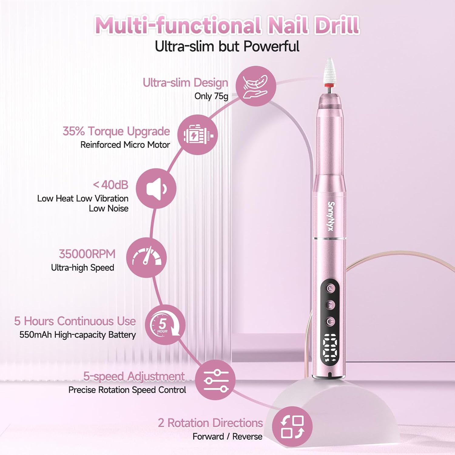 Detalle 2 de SnnyNyx SN-ND021RG Cordless Nail Drill with LCD, 35,000 RPM and 12 Bits
